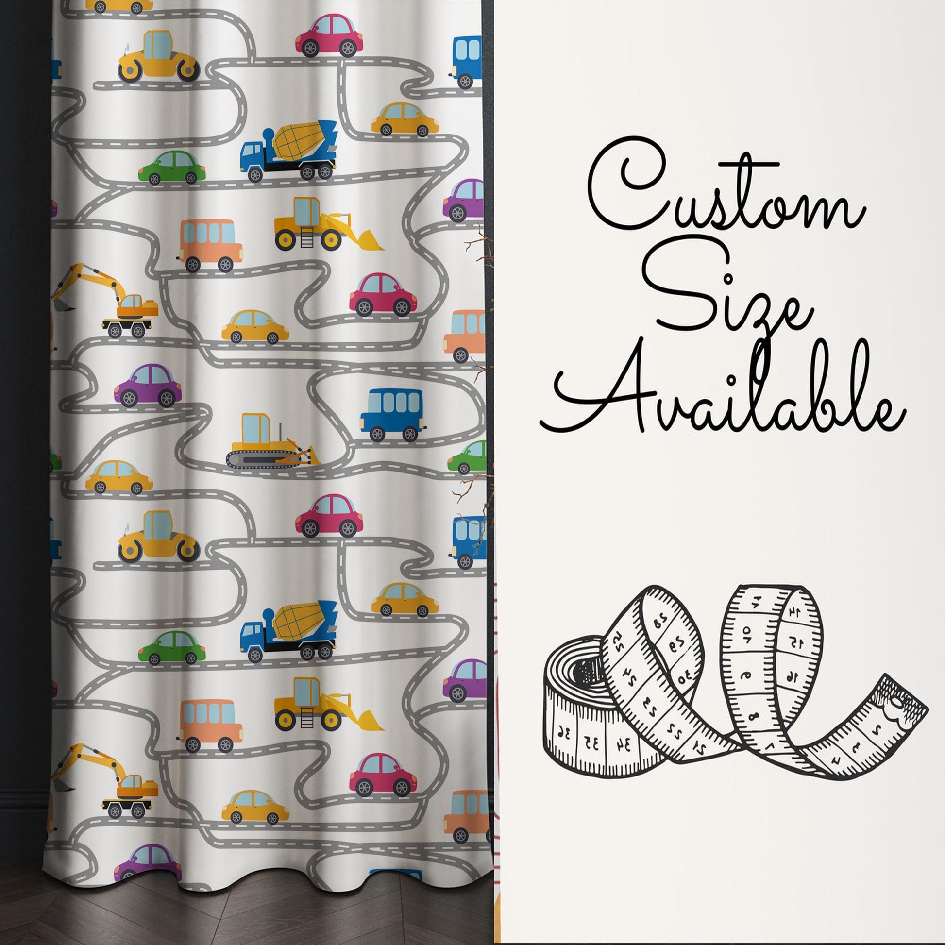 Construction Equipment Kids Nursery Curtains & Custom Size Window Drapes with Gift Pillow Covers for Boys Room