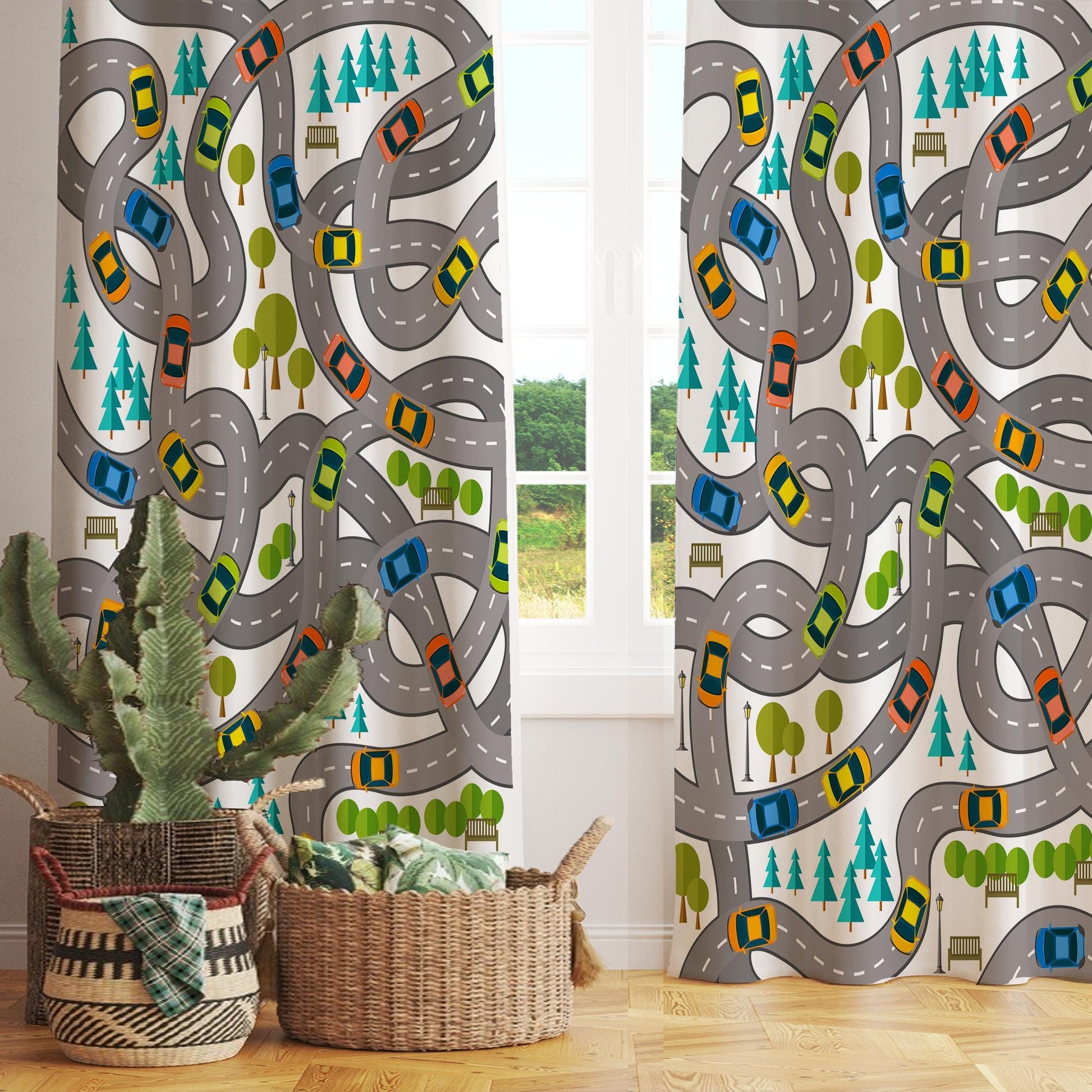 Cars Road City Map Kids Nursery Curtains & Custom Size Window Drapes with Gift Pillow Covers for Boys Room