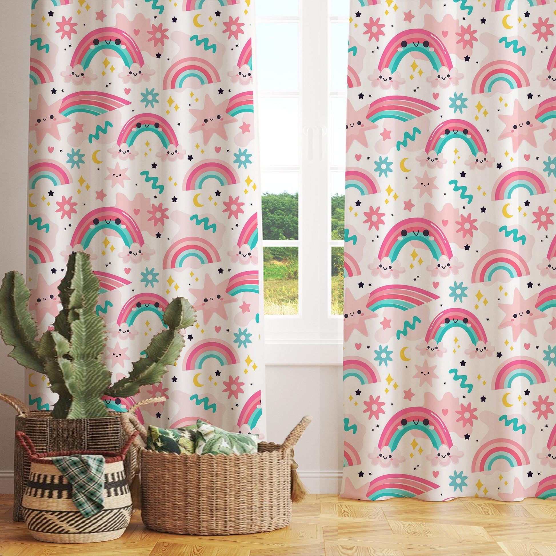 Pink Kids Nursery Curtains with Cute Rainbows & Stars, Custom Size Window Drapes for Girls Room Decor + Gift Pillow Covers