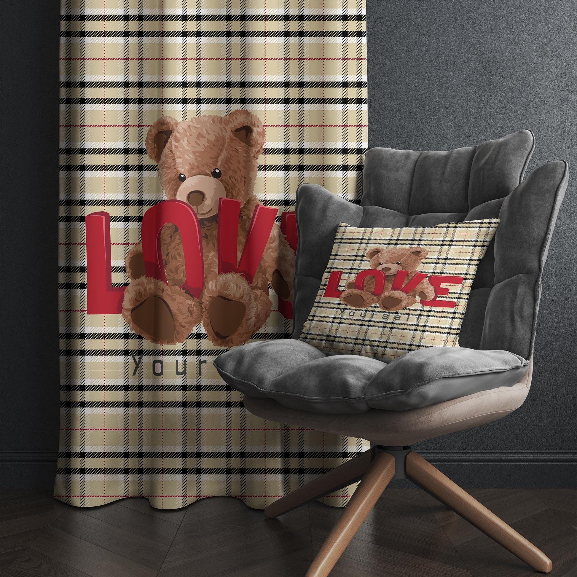 Bear Love Girls Room Curtains - Custom Size Window Drapes & Cute Gift Pillow Covers for Kids Bedroom Decor