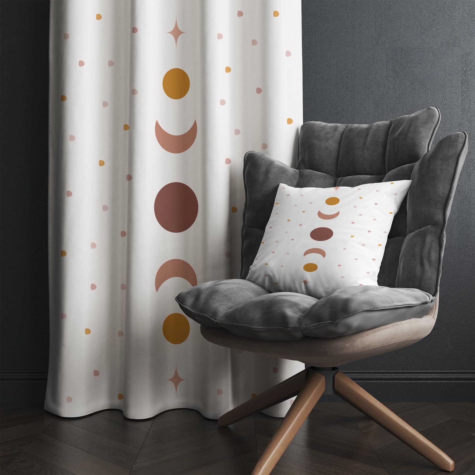 Girls Room Curtains Boho Moon Polka Dots Window Drapes Custom Size with Gift Pillow Covers - Nursery Decor, Kids Bedroom Curtains