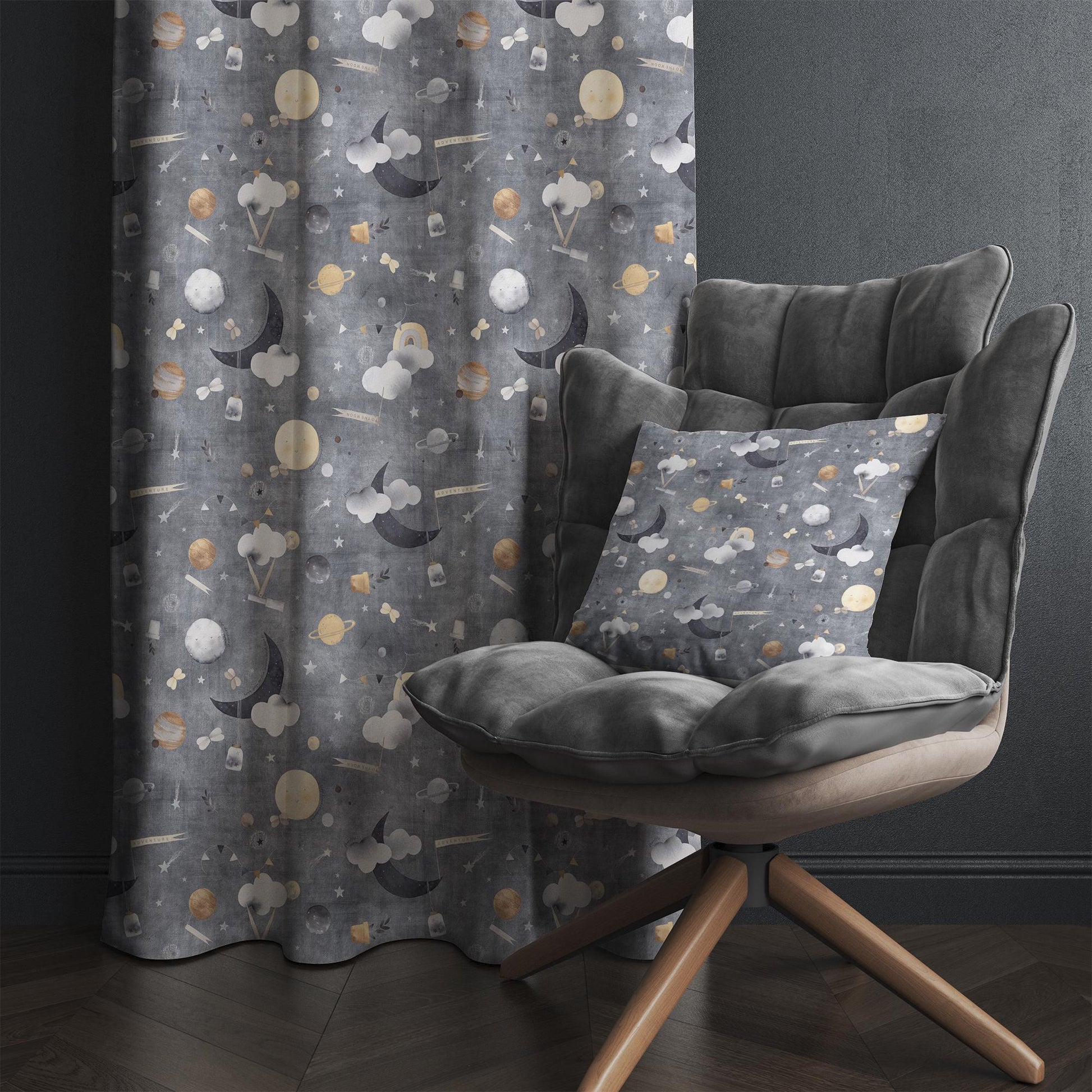 Gray Nordic Moon Clouds Kids Nursery Curtains, Custom Size Window Drapes & Gify Pillow Covers for Baby Room Decor