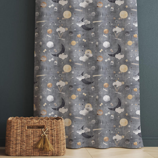 Gray Nordic Moon Clouds Kids Nursery Curtains, Custom Size Window Drapes & Gify Pillow Covers for Baby Room Decor