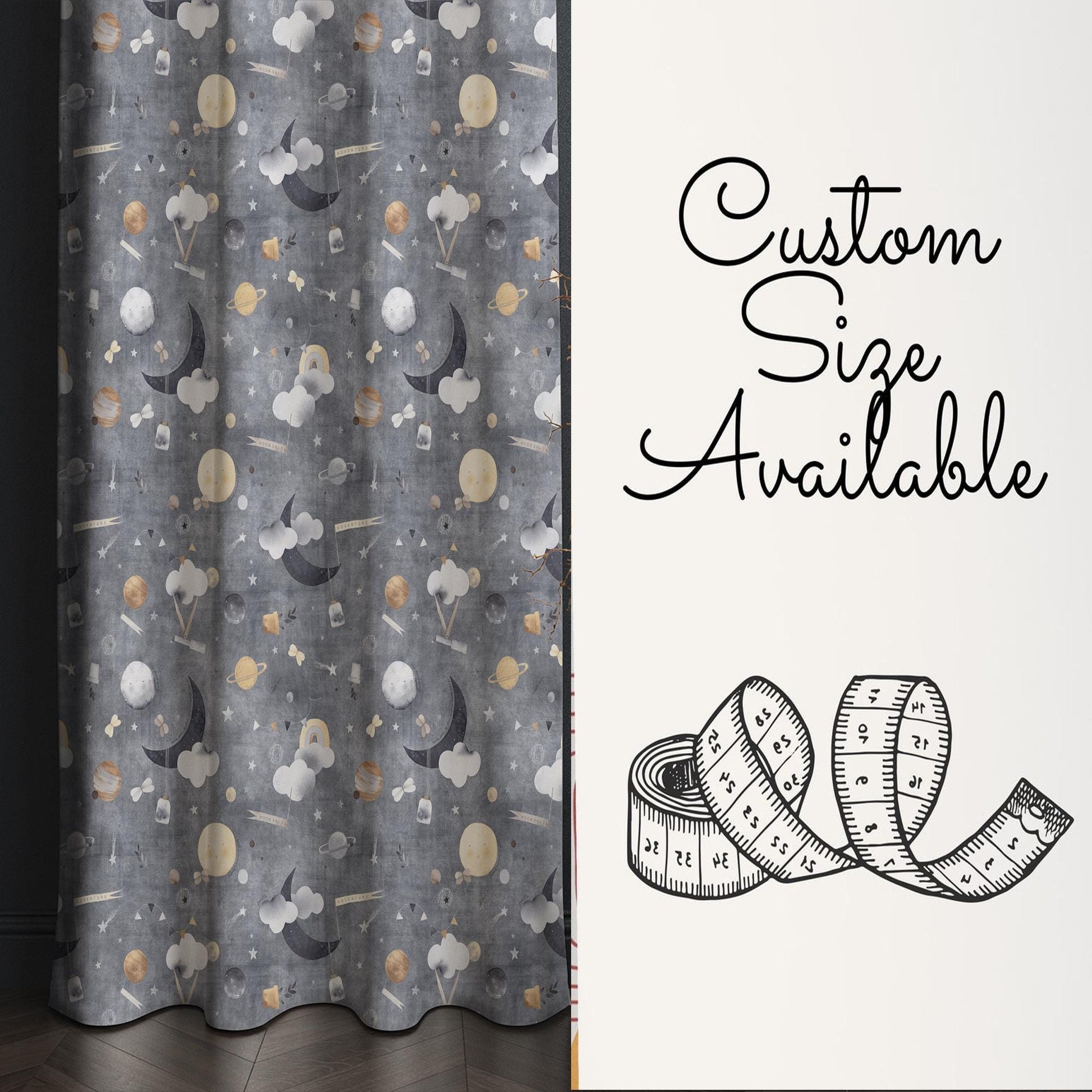 Gray Nordic Moon Clouds Kids Nursery Curtains, Custom Size Window Drapes & Gify Pillow Covers for Baby Room Decor