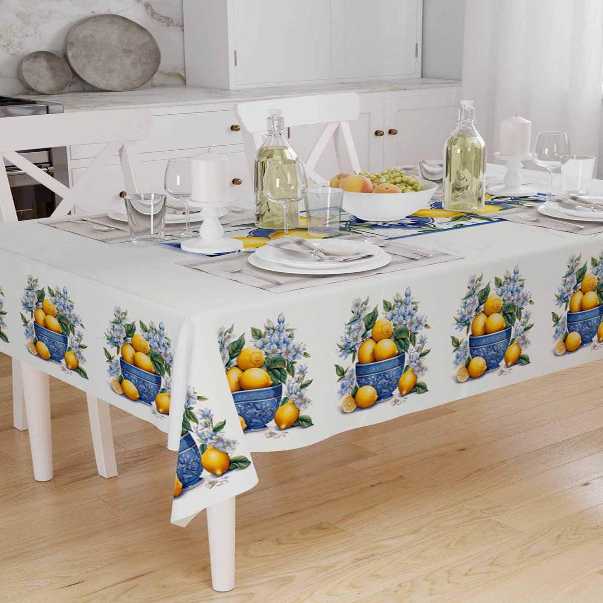 Blue Vase Yellow Lemons Flowers Floral Summer Pattern Linen Tablecloth Modern Dining Accent Cover