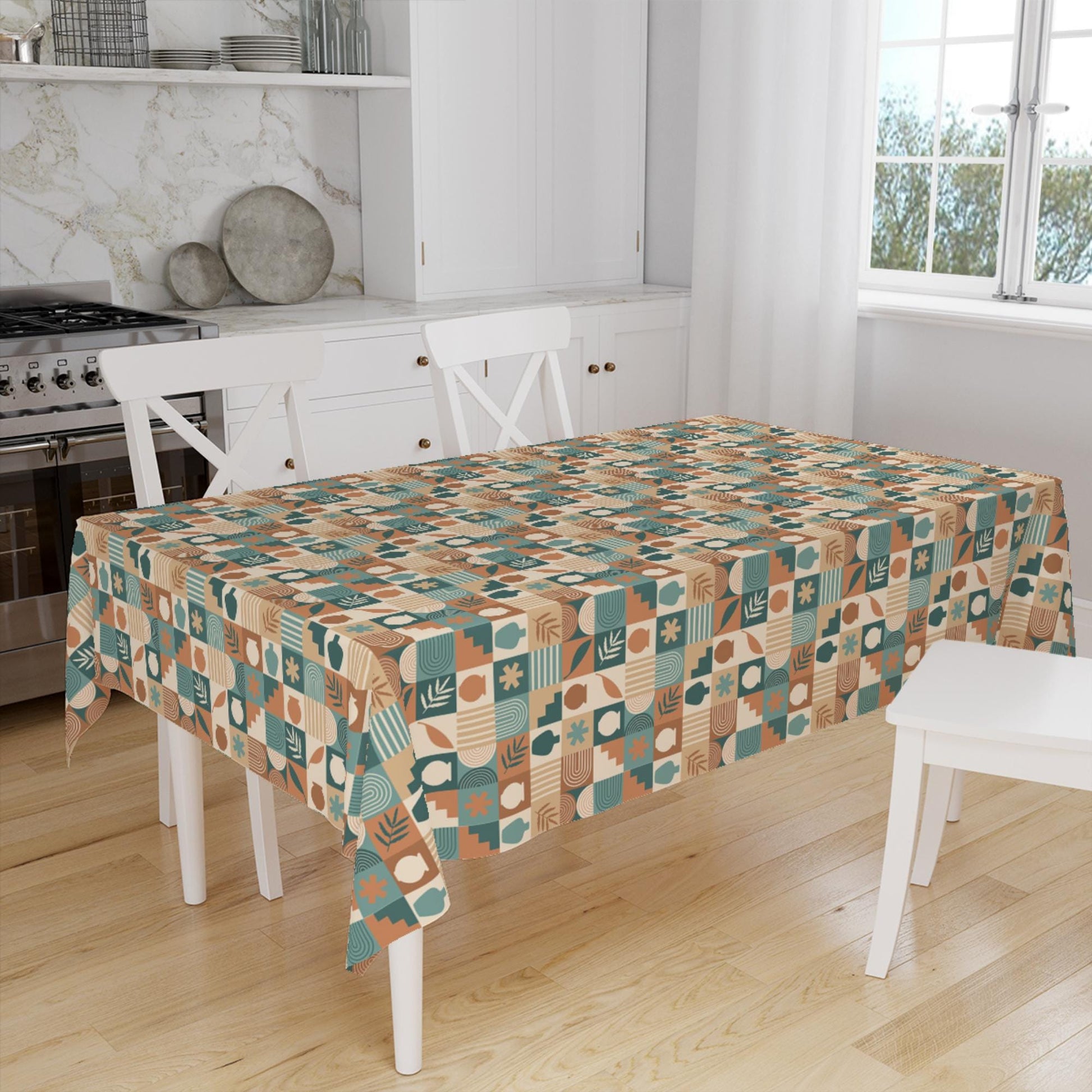 Green Brown Retro Authentic Bohemian Minimal Geometric Pattern Linen Tablecloth Modern Dining Accent Cover