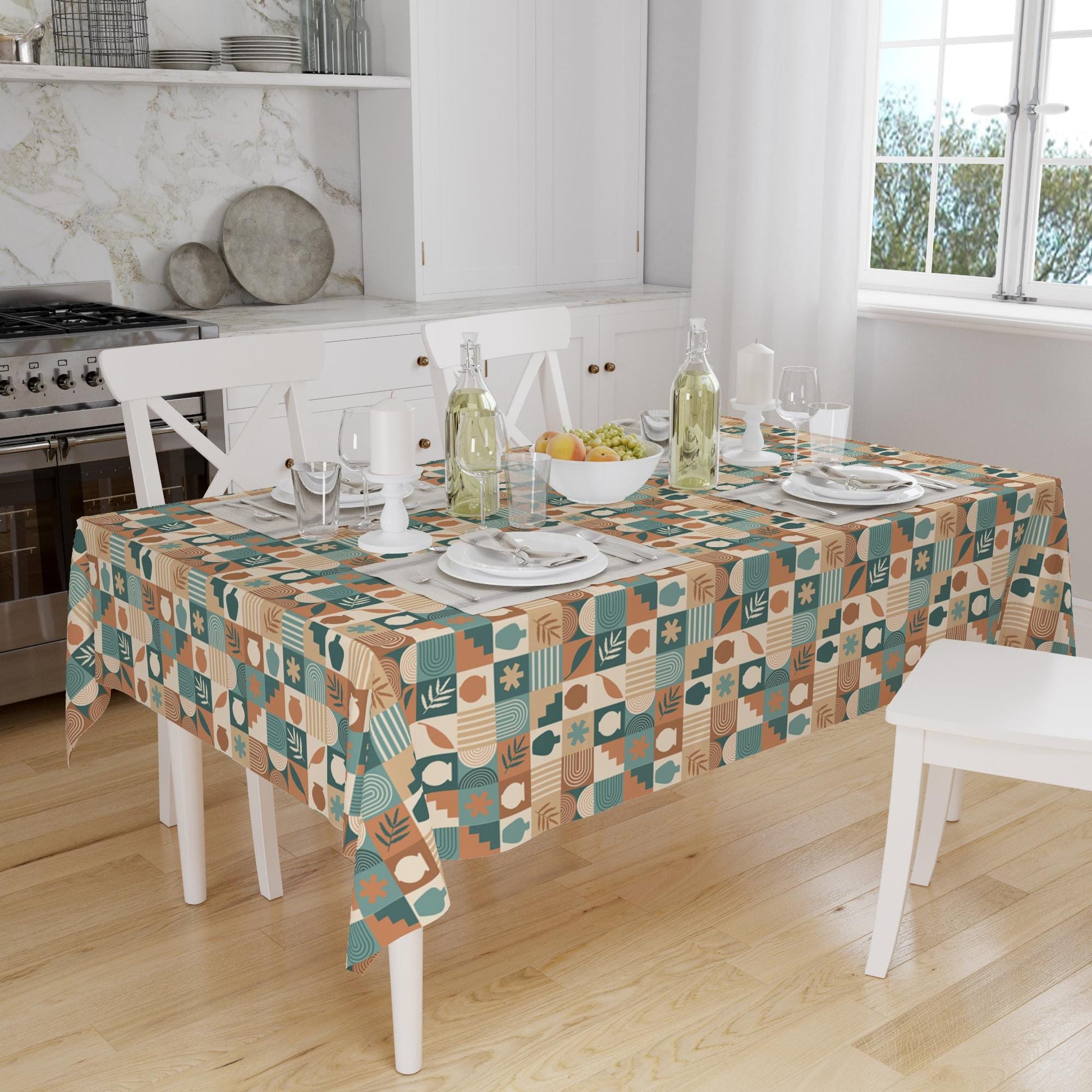 Green Brown Retro Authentic Bohemian Minimal Geometric Pattern Linen Tablecloth Modern Dining Accent Cover