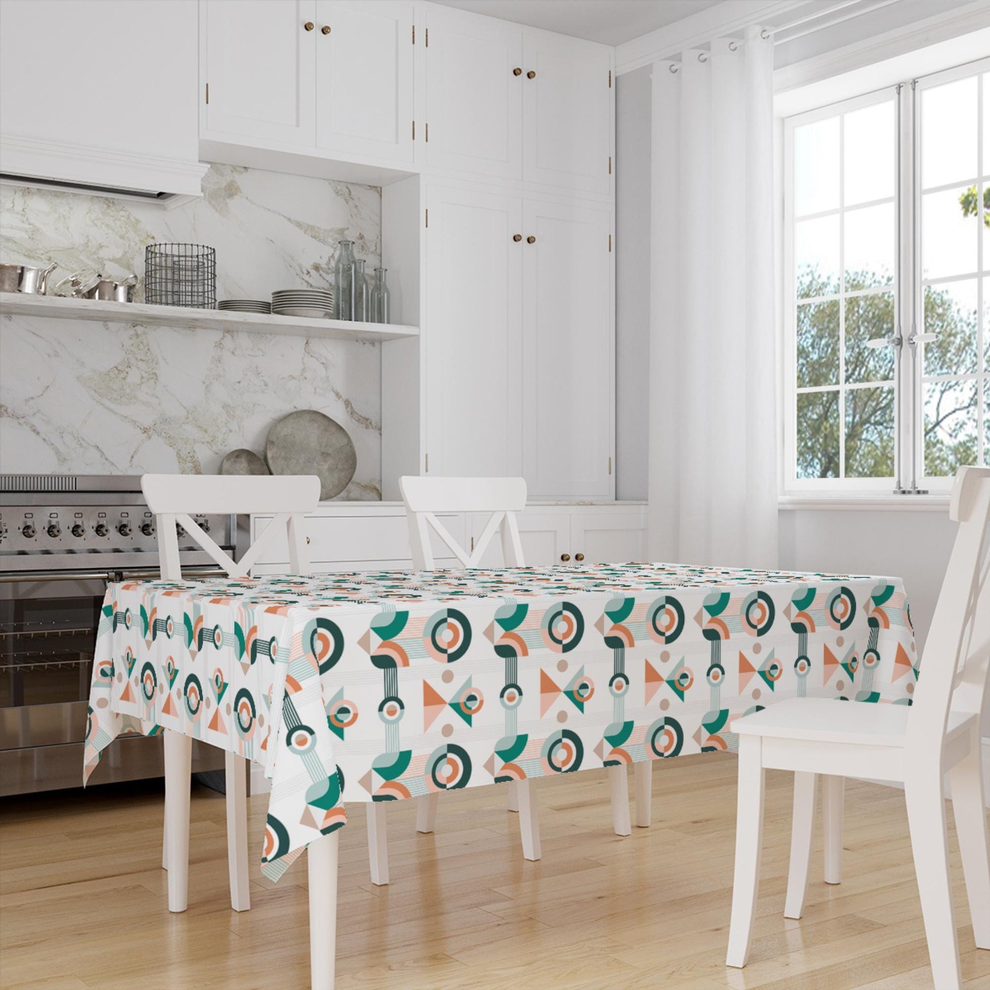 Green Orange White Authentic Bohemian Minimal Geometric Pattern Linen Tablecloth Modern Dining Accent Cover