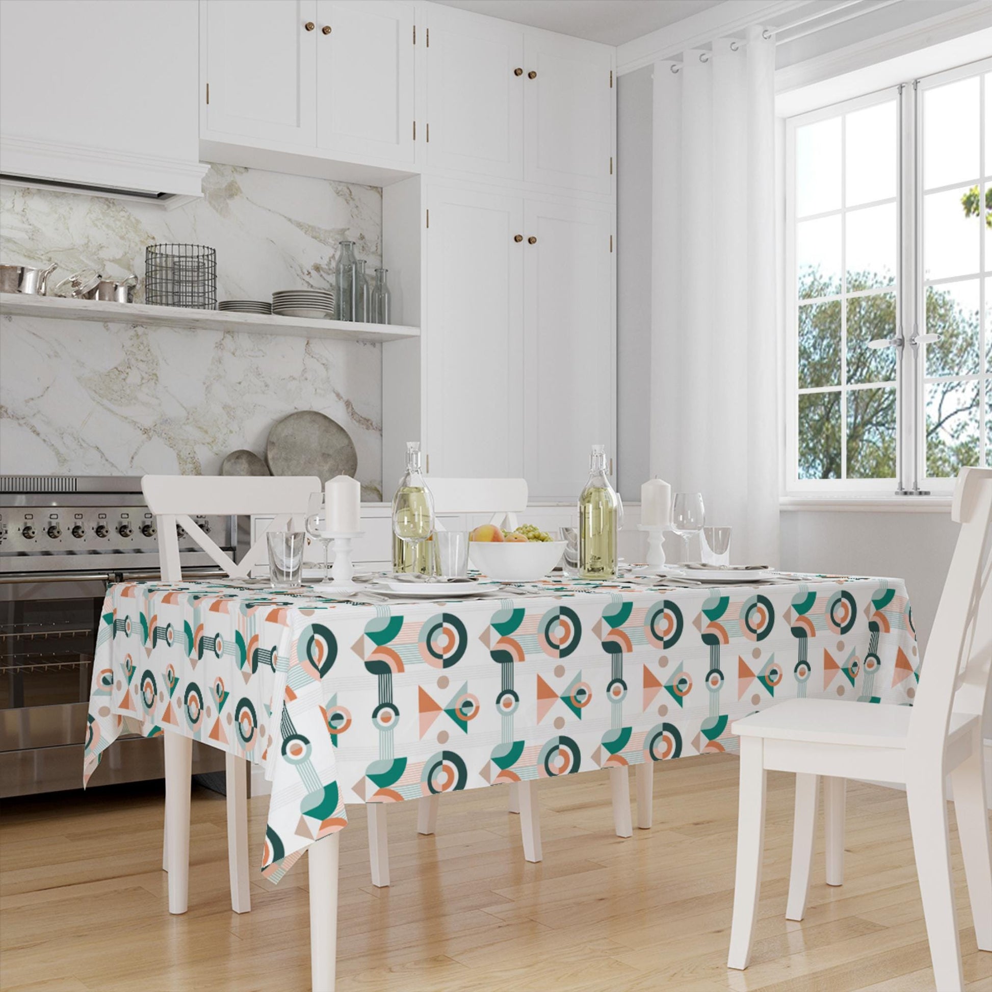 Green Orange White Authentic Bohemian Minimal Geometric Pattern Linen Tablecloth Modern Dining Accent Cover