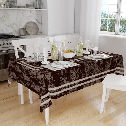 White Geometric Border Lines on Dark Brown Watercolor Background Pattern Tablecloth, Modern Dining Accent Cover