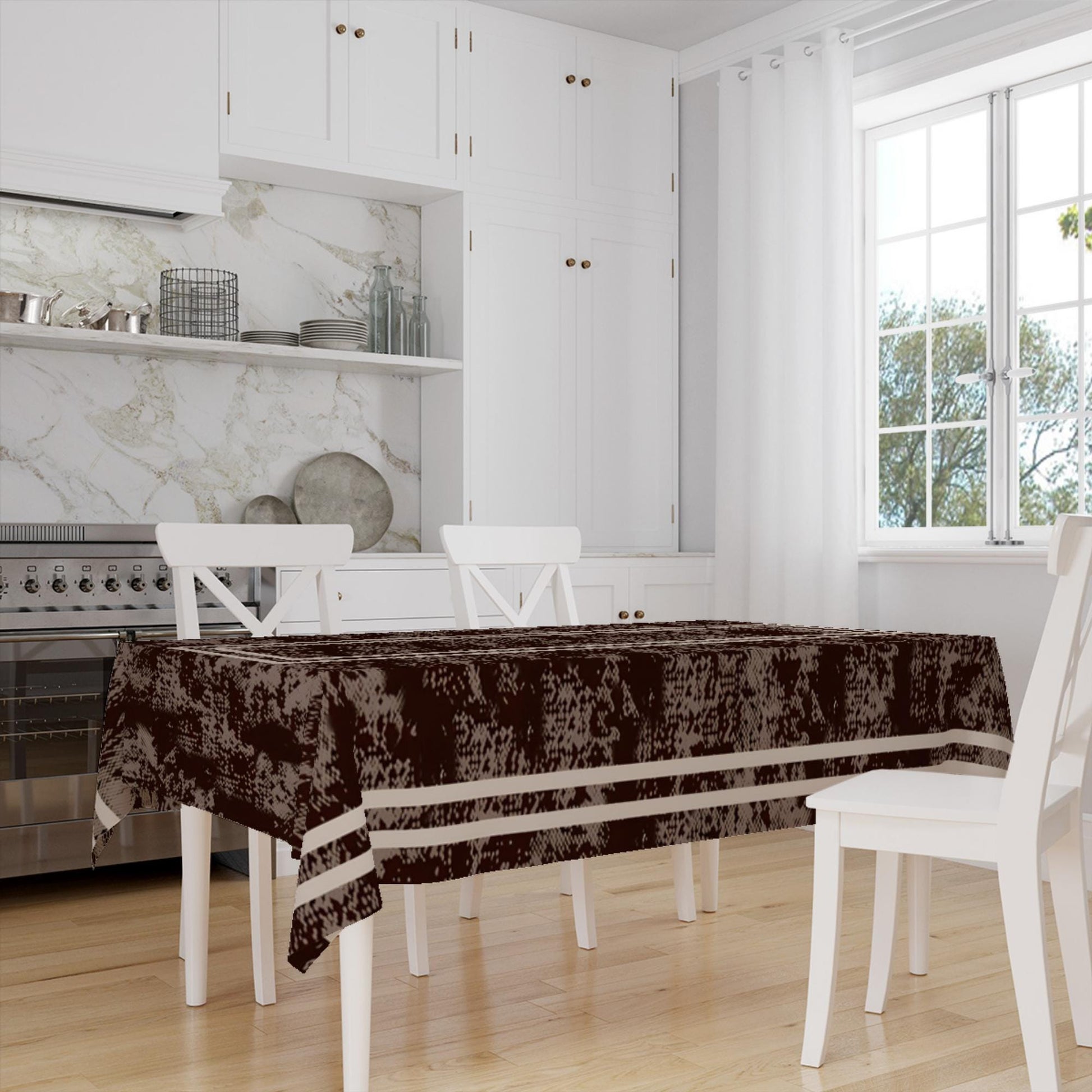 White Geometric Border Lines on Dark Brown Watercolor Background Pattern Tablecloth, Modern Dining Accent Cover