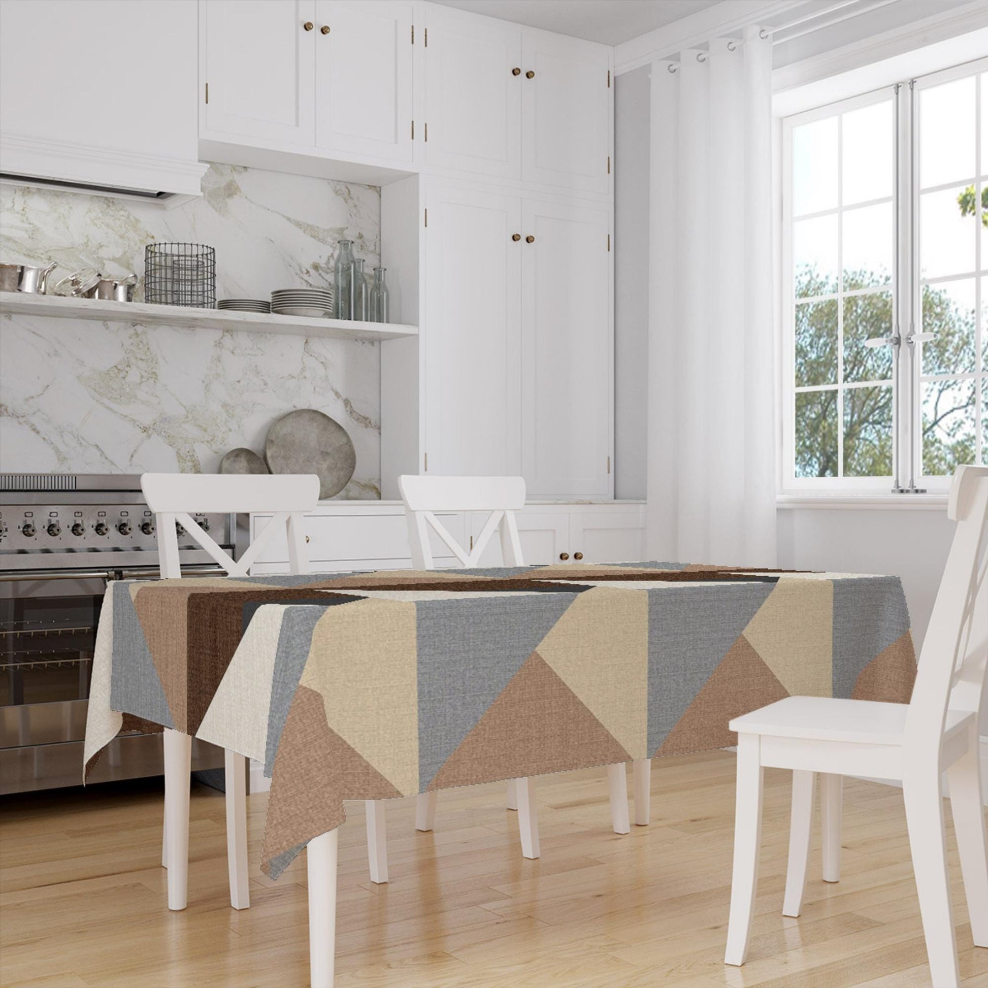 Brown Gray Yellow Scandinav Geometric Triangle Background Pattern Tablecloth, Modern Nordic Dining Accent Cover