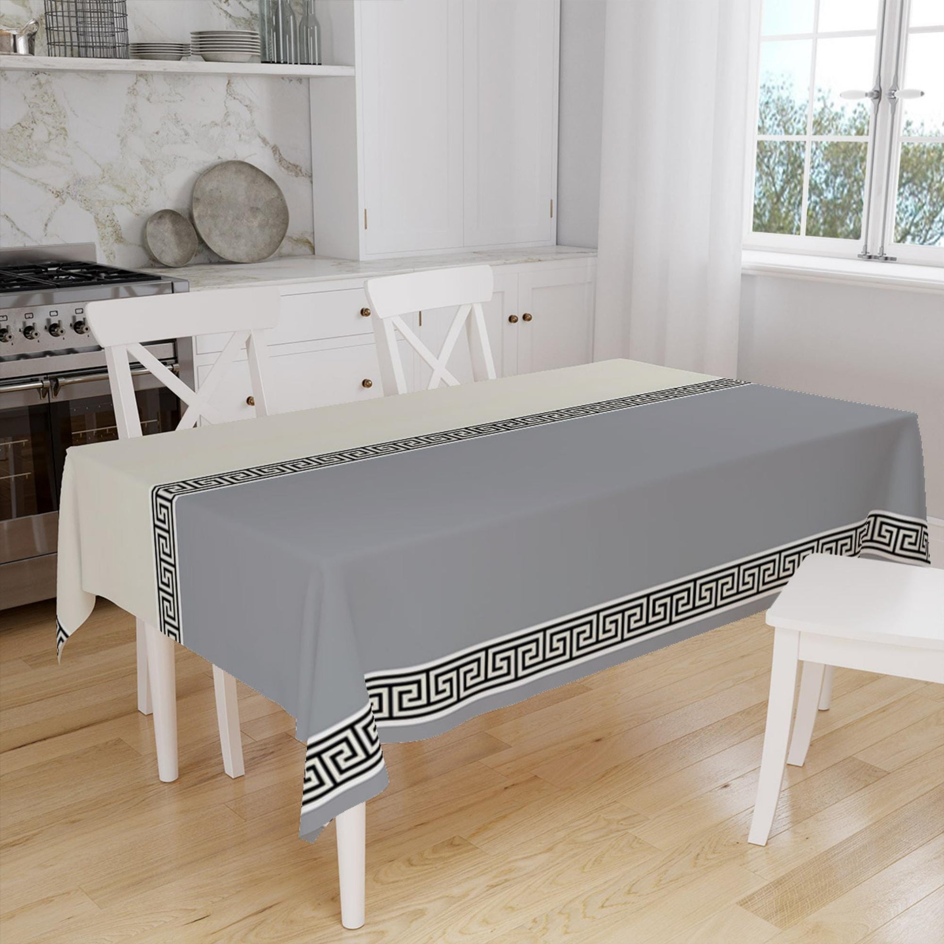 Gray White Greek Key Geometric Lines Pattern Tablecloth, Modern Dining Accent Cover