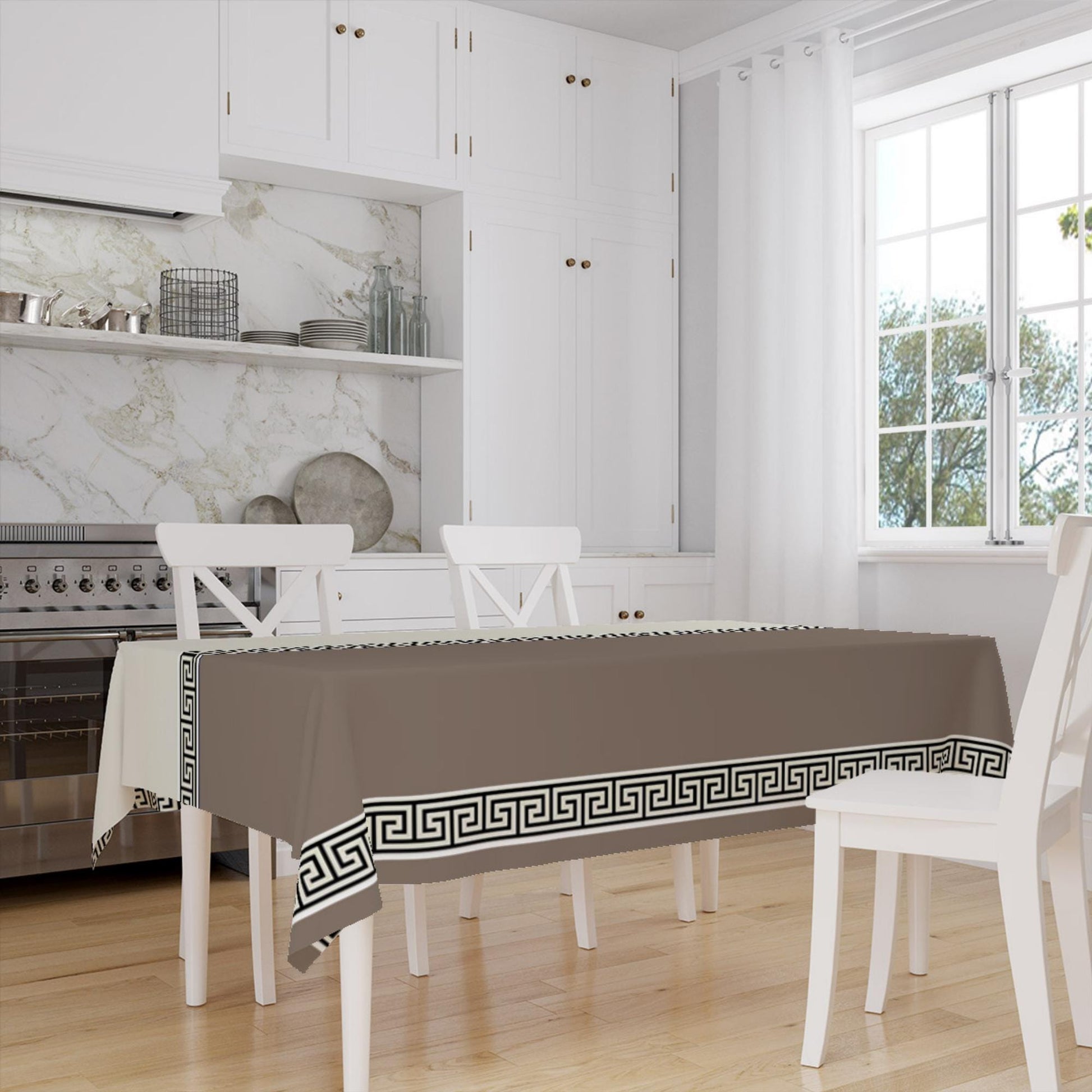 Brown White Greek Key Geometric Lines Pattern Tablecloth, Modern Dining Accent Cover