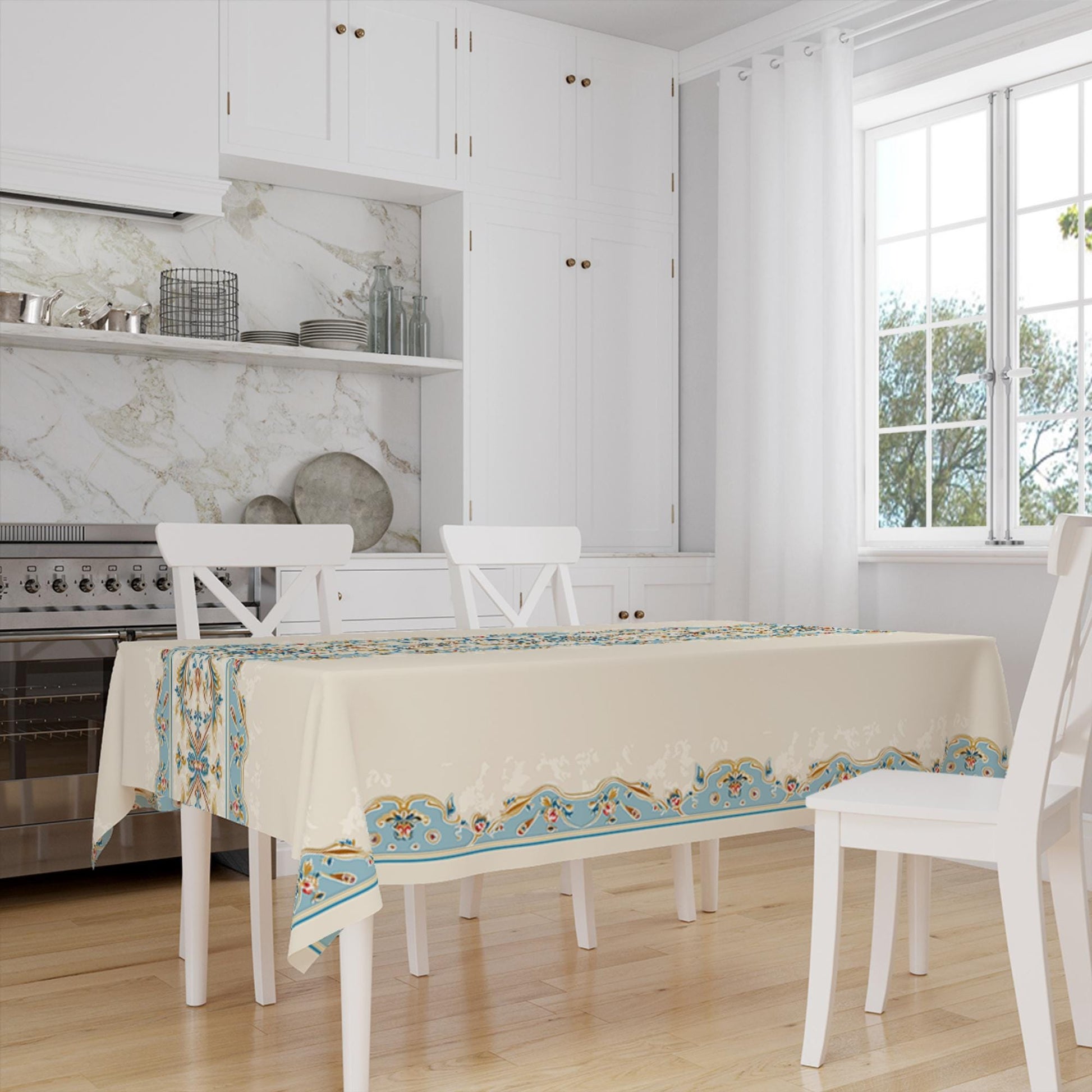 Blue Ethnic Authentic Retro Ottoman Turkish Border Cream Background Animal Pattern Tablecloth, Modern Dining Accent Table Cover