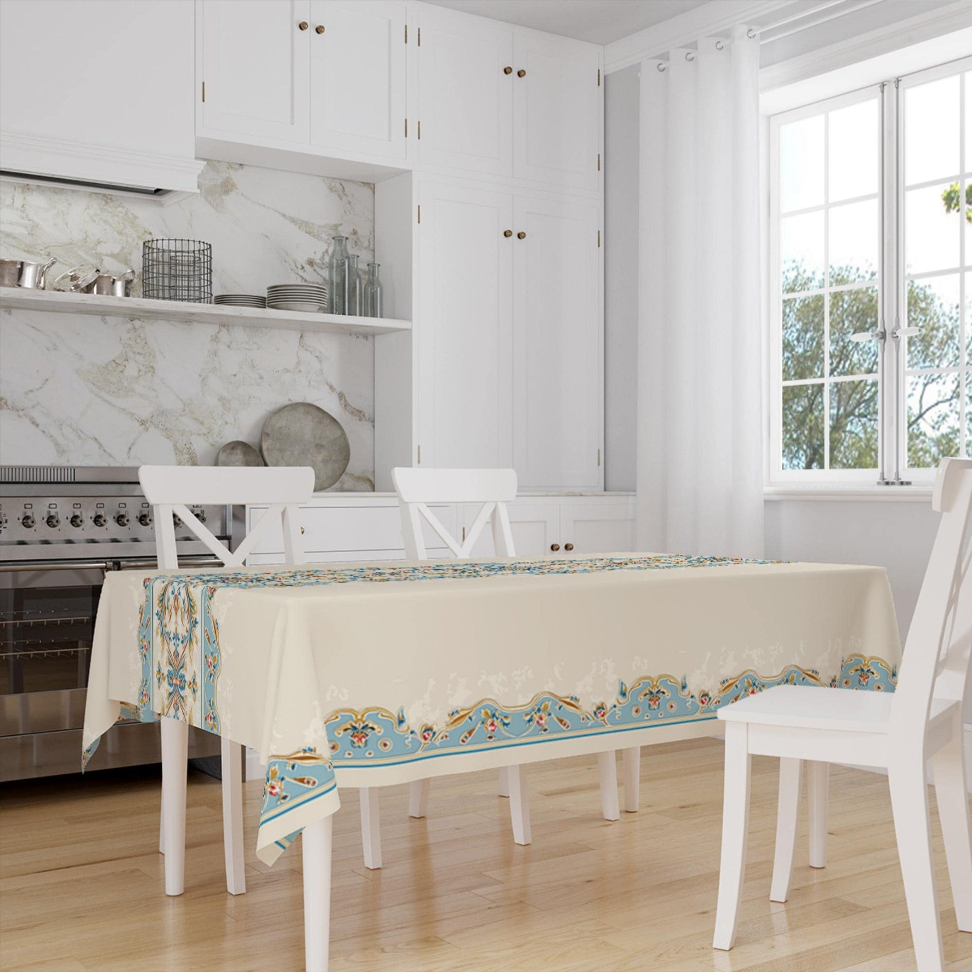Blue Ethnic Authentic Retro Ottoman Turkish Border Cream Background Animal Pattern Tablecloth, Modern Dining Accent Table Cover