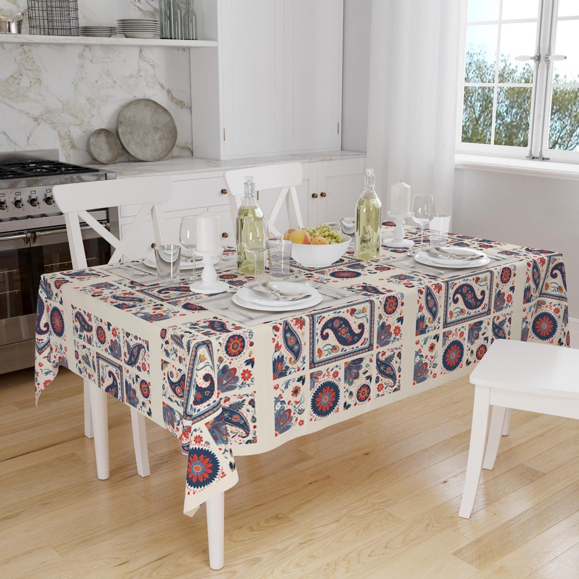 Ethnic Authentic Retro Ottoman Turkish Kilim Tradional Figures Border White Background Pattern Tablecloth, Modern Dining Accent Table Cover