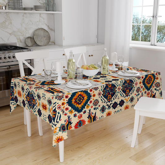 Ethnic Authentic Retro Ottoman Turkish Kilim Aztec Figures Border White Background Pattern Tablecloth, Modern Dining Accent Table Cover