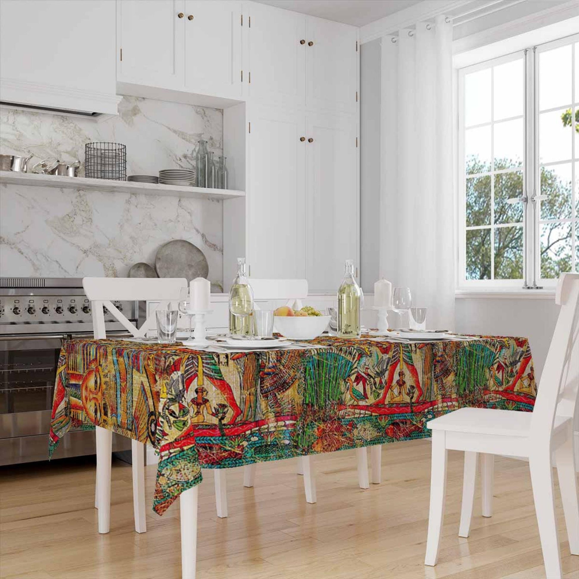 Ethnic Authentic Retro Egyptian Pharaoh Pyramid Figures Border Yellow Background Pattern Tablecloth, Modern Dining Accent Table Cover