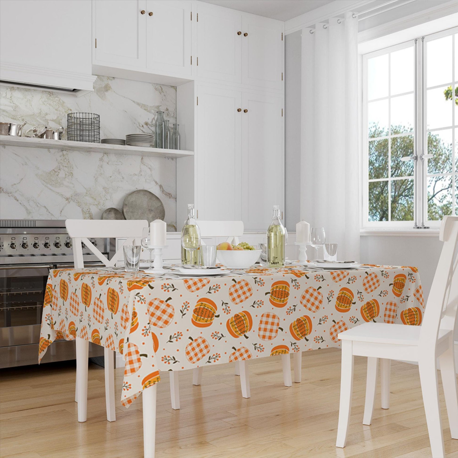 Orange Autumn Pumpkins Vegetables Halloween Figures Border Cream Background Pattern Tablecloth, Modern Dining Accent Table Cover