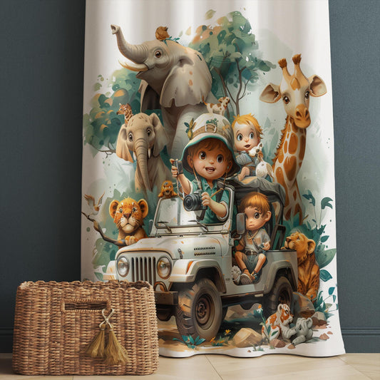 Safari Car Woodland Animals Nursery Kids Curtains & Nursery Window Drapes, Custom Size, Gift Pillow Covers for Toddler Room Decor