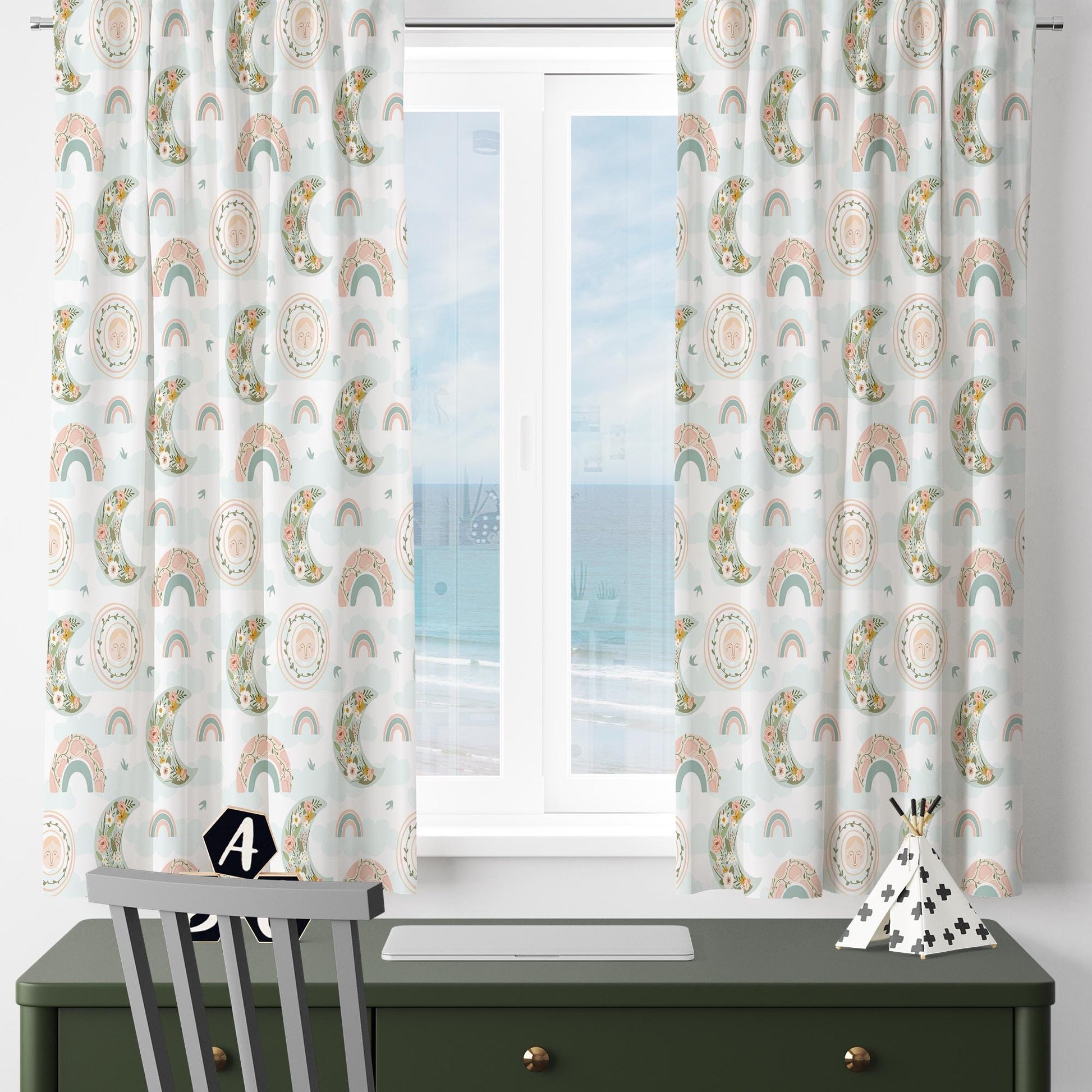 Boho Moon Rainbow Floral Flowers Nursery Kids Curtains & Nursery Window Drapes, Custom Size, Gift Pillow Covers for Toddler Room Decor