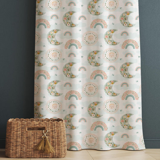 Boho Moon Rainbow Floral Flowers Nursery Kids Curtains & Nursery Window Drapes, Custom Size, Gift Pillow Covers for Toddler Room Decor