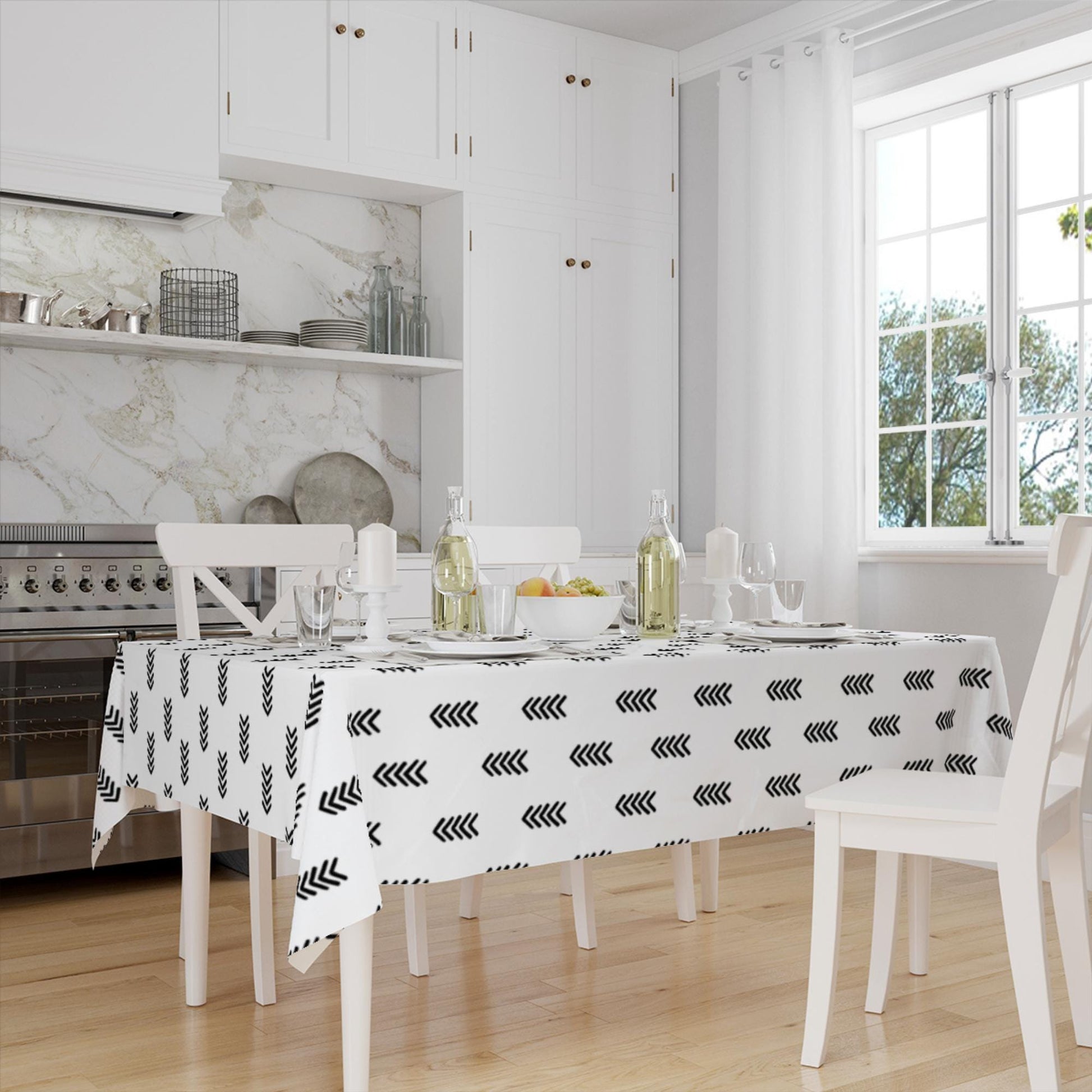 Black White Aztec Arrow Minimal Geometric Pattern Tablecloth, Modern Dining Accent Table Cover, Modern Minimal Home Decor