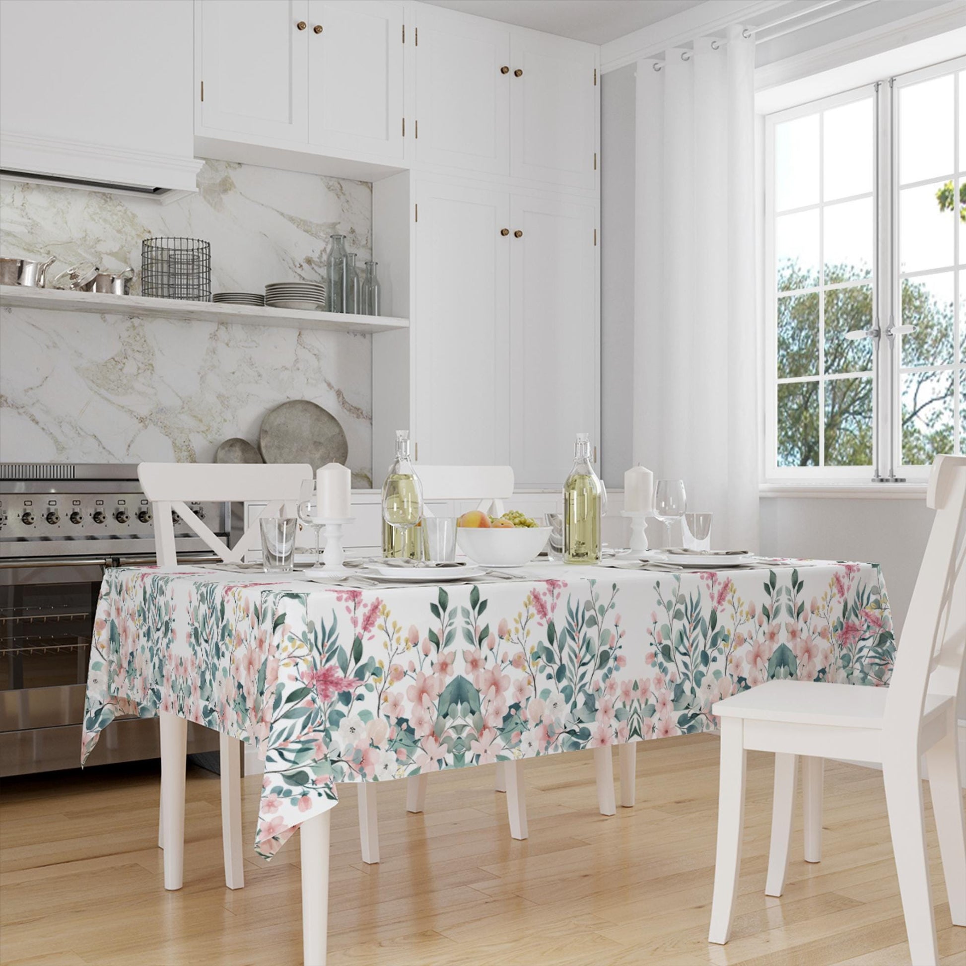 Pink Flowers Green ivy Floral Botanical Tablecloth, Modern Dining Accent Table Cover, Modern Kitchen Home Decor