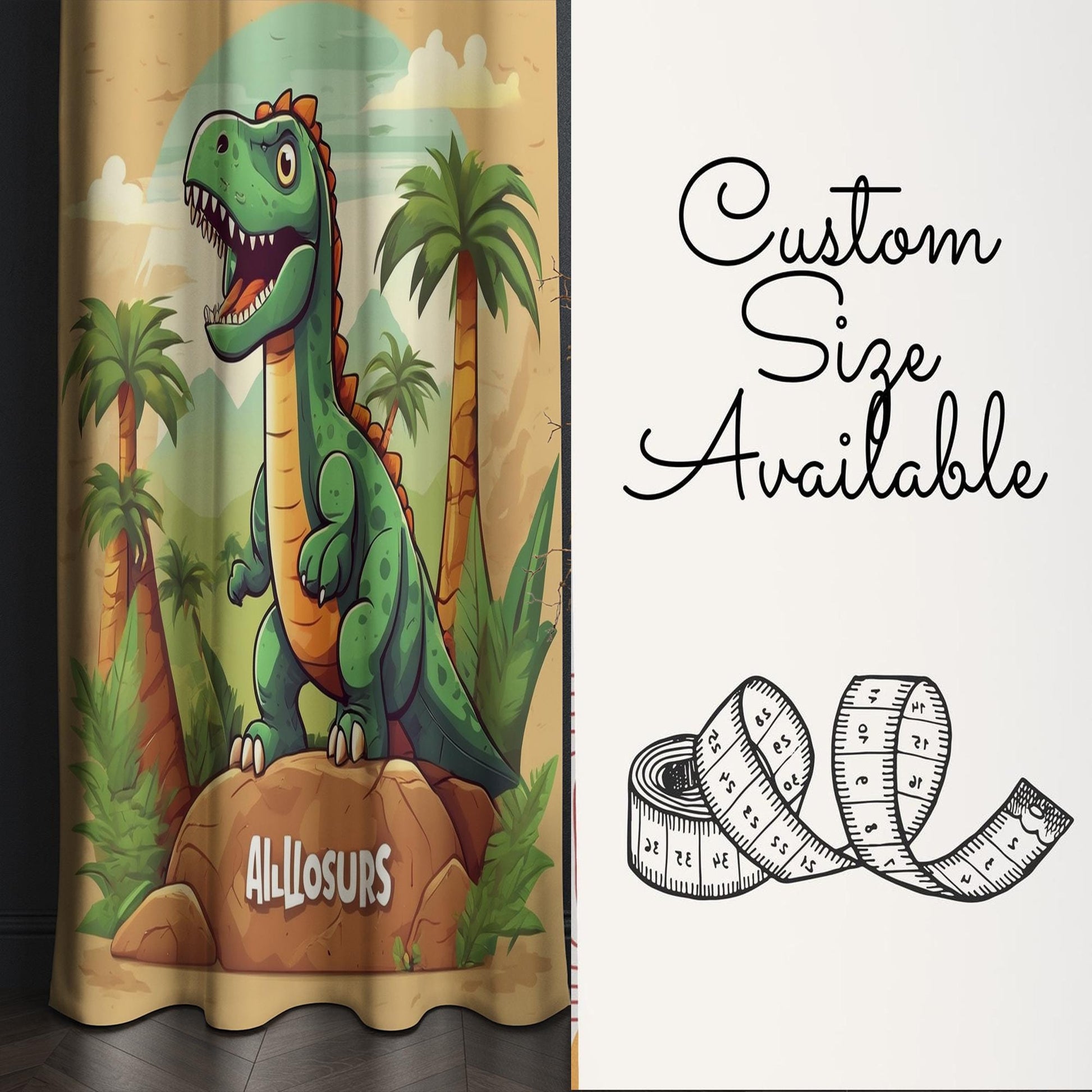 Green Dinosaur Nursery Curtains with Ancient Palm Trees – Custom Size Kids Window Drapes & Matching Pillow Covers Room Decor Gift