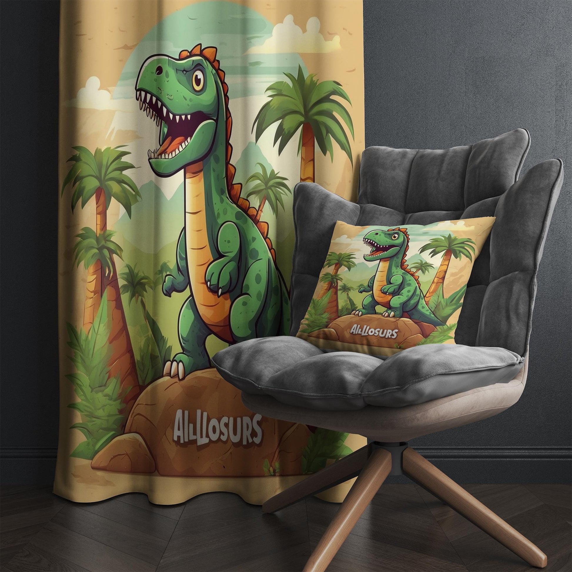 Green Dinosaur Nursery Curtains with Ancient Palm Trees – Custom Size Kids Window Drapes & Matching Pillow Covers Room Decor Gift