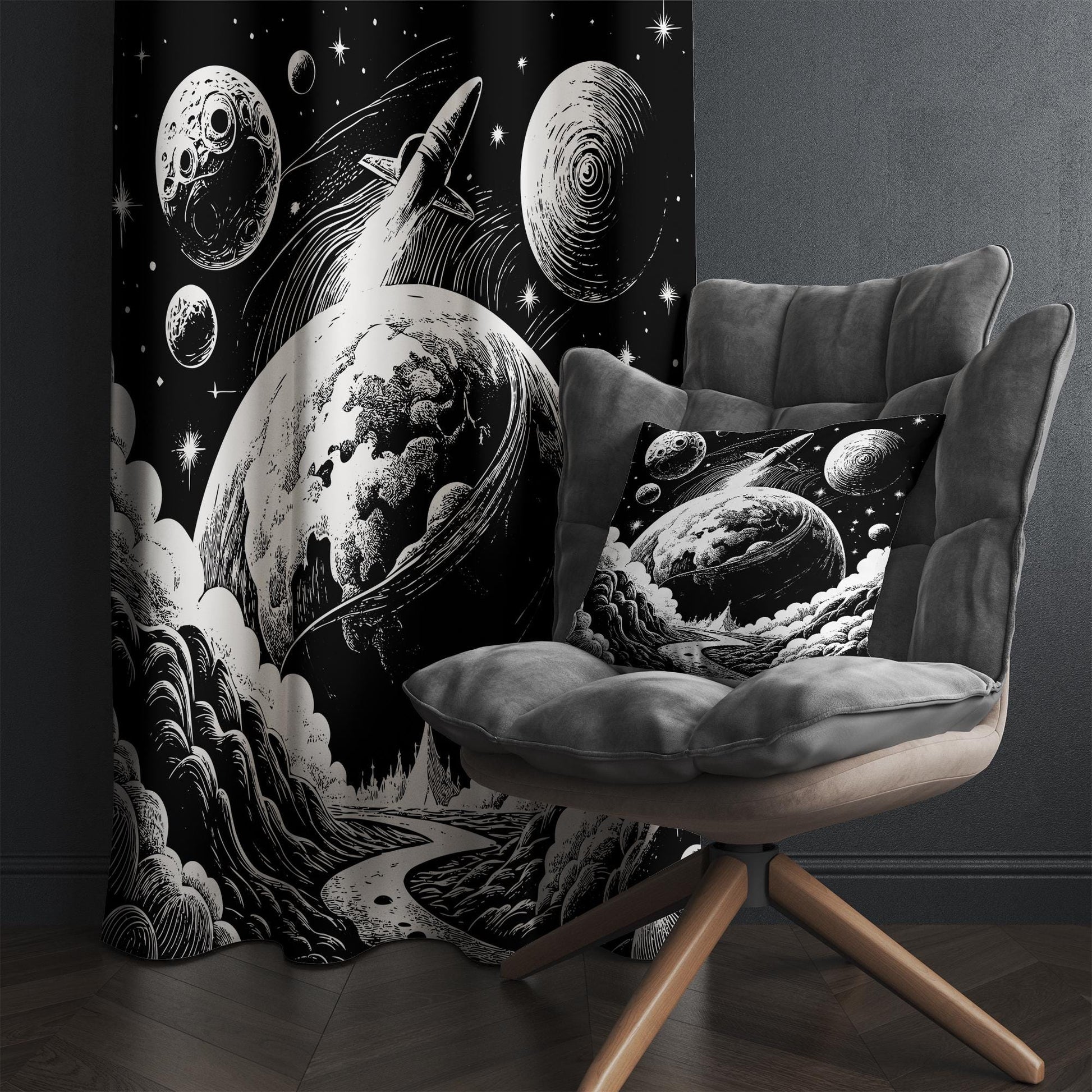 Black White Moon Stars Kids Nursery Curtains – Custom Size Window Drapes & Matching Pillow Covers, Space Room Decor Gift
