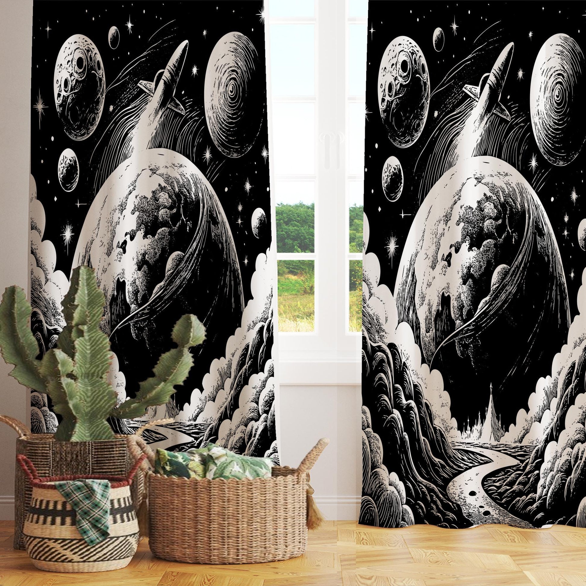 Black White Moon Stars Kids Nursery Curtains – Custom Size Window Drapes & Matching Pillow Covers, Space Room Decor Gift