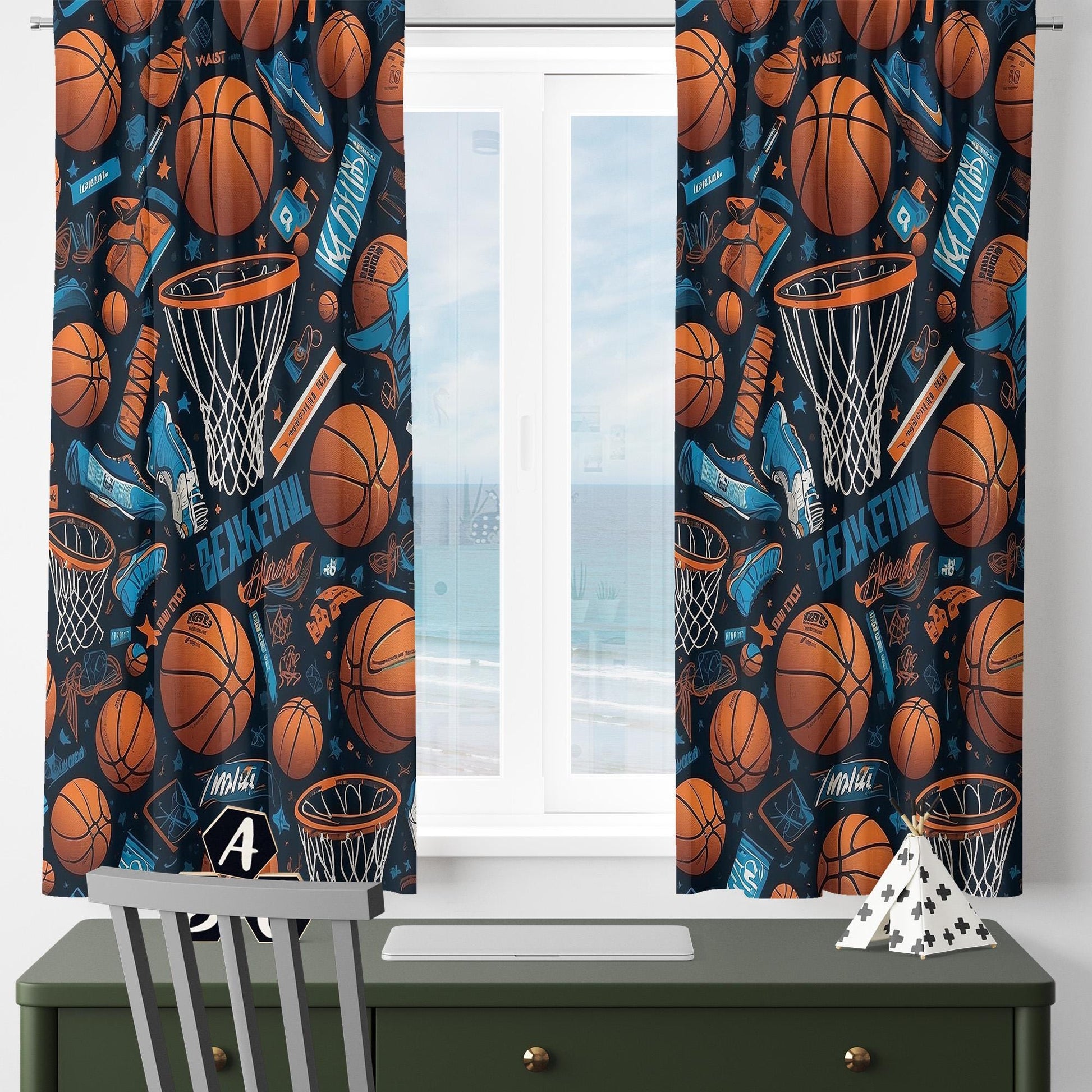 Kids Basketball Balls Curtains & Gift Pillow Covers, Custom Size Nursery Drapes, Sports Room Decor for Boys’ Bedroom Window Treatment
