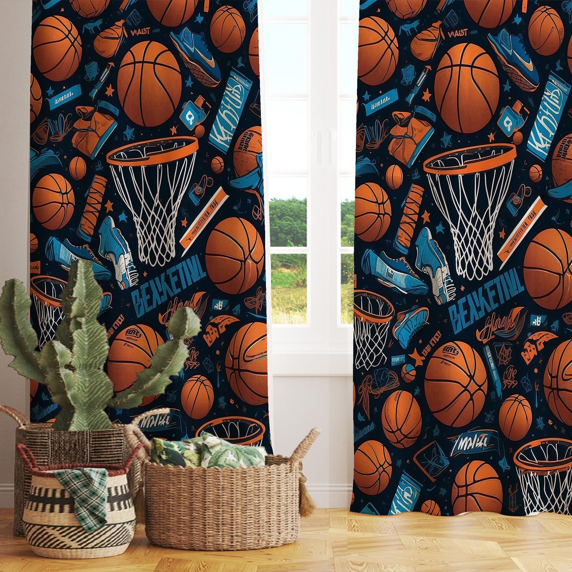 Kids Basketball Balls Curtains & Gift Pillow Covers, Custom Size Nursery Drapes, Sports Room Decor for Boys’ Bedroom Window Treatment