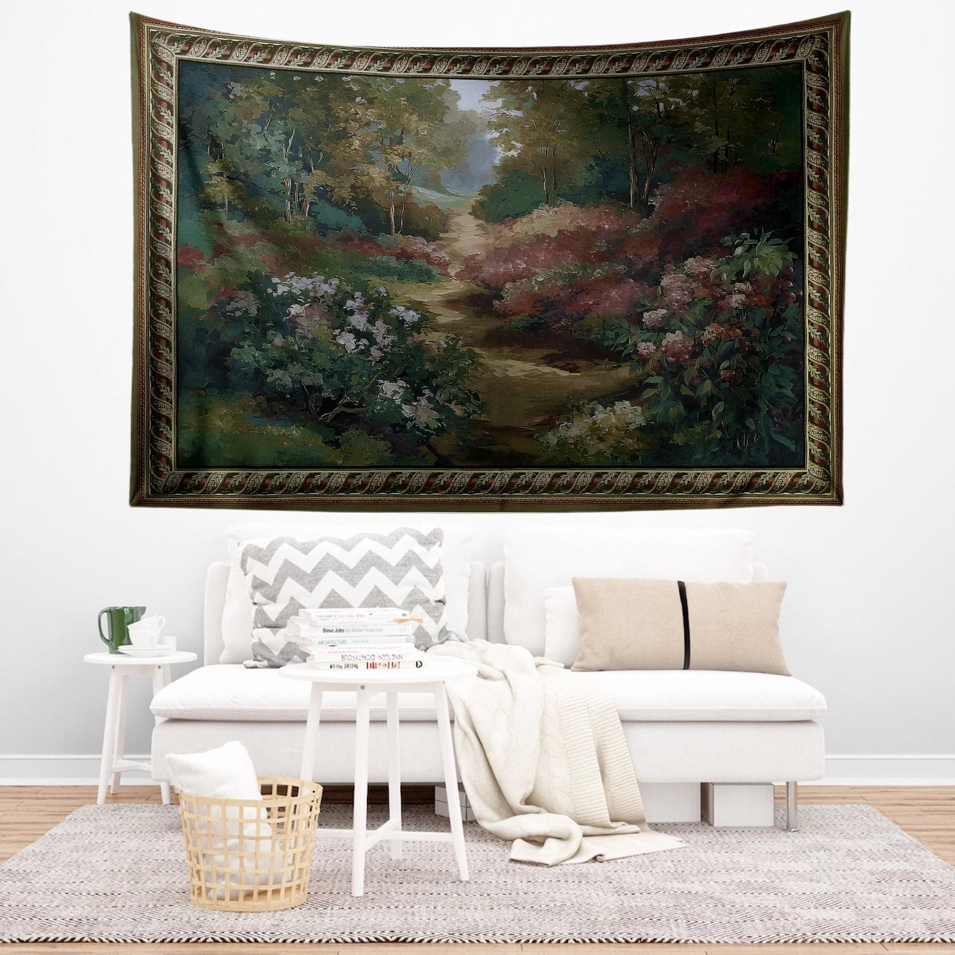 Vintage French Garden Botanical Tapestry Verdure Wall Hanging with Château Garden, Moody Dark Cottagecore Decor for Bedroom and Living Room