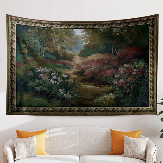 Vintage French Garden Botanical Tapestry Verdure Wall Hanging with Château Garden, Moody Dark Cottagecore Decor for Bedroom and Living Room