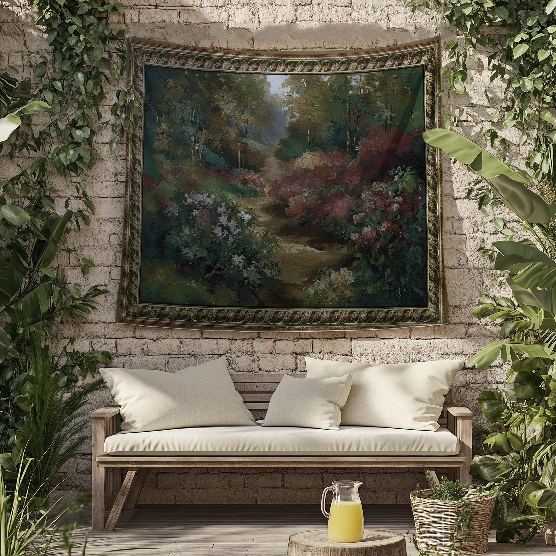 Vintage French Garden Botanical Tapestry Verdure Wall Hanging with Château Garden, Moody Dark Cottagecore Decor for Bedroom and Living Room
