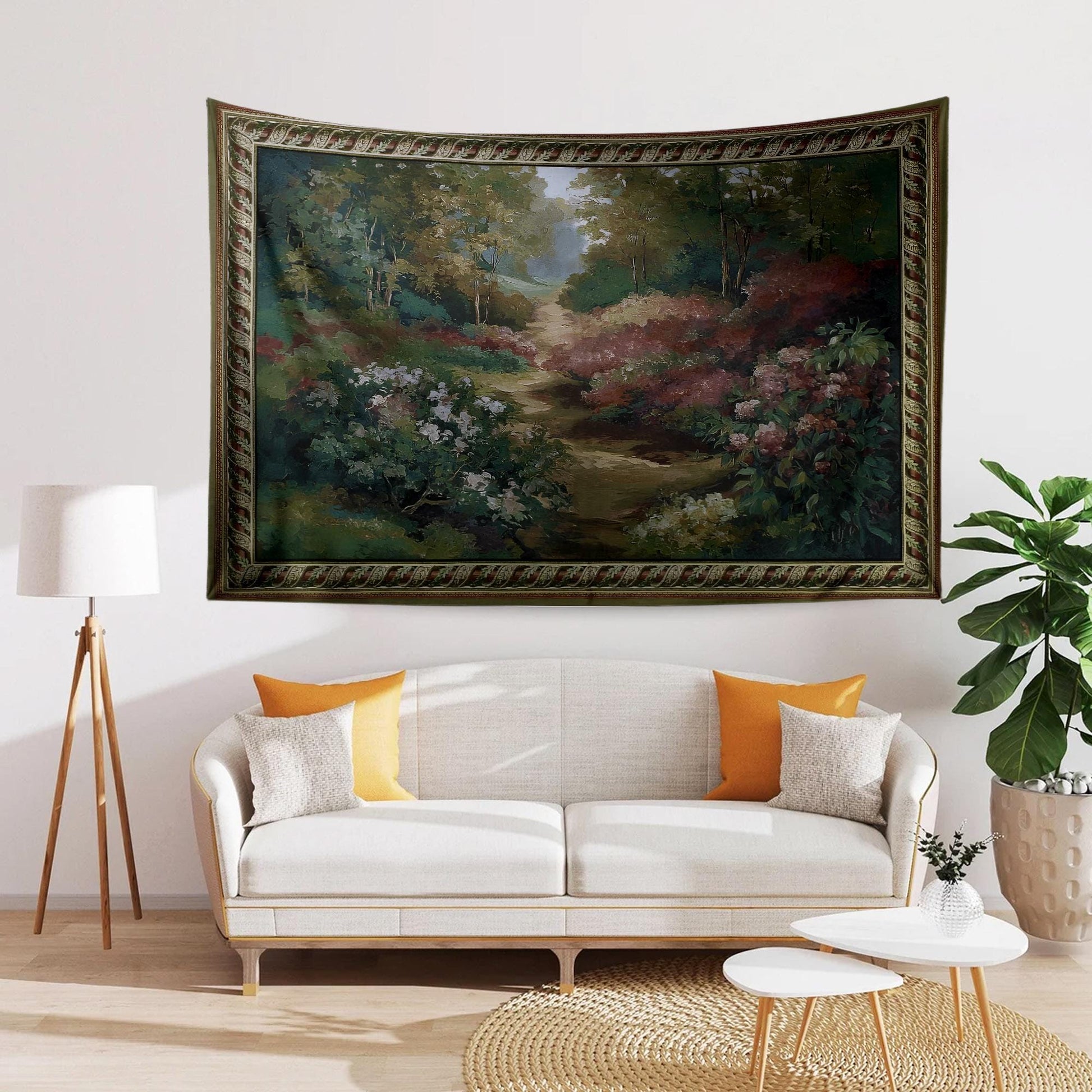 Vintage French Garden Botanical Tapestry Verdure Wall Hanging with Château Garden, Moody Dark Cottagecore Decor for Bedroom and Living Room