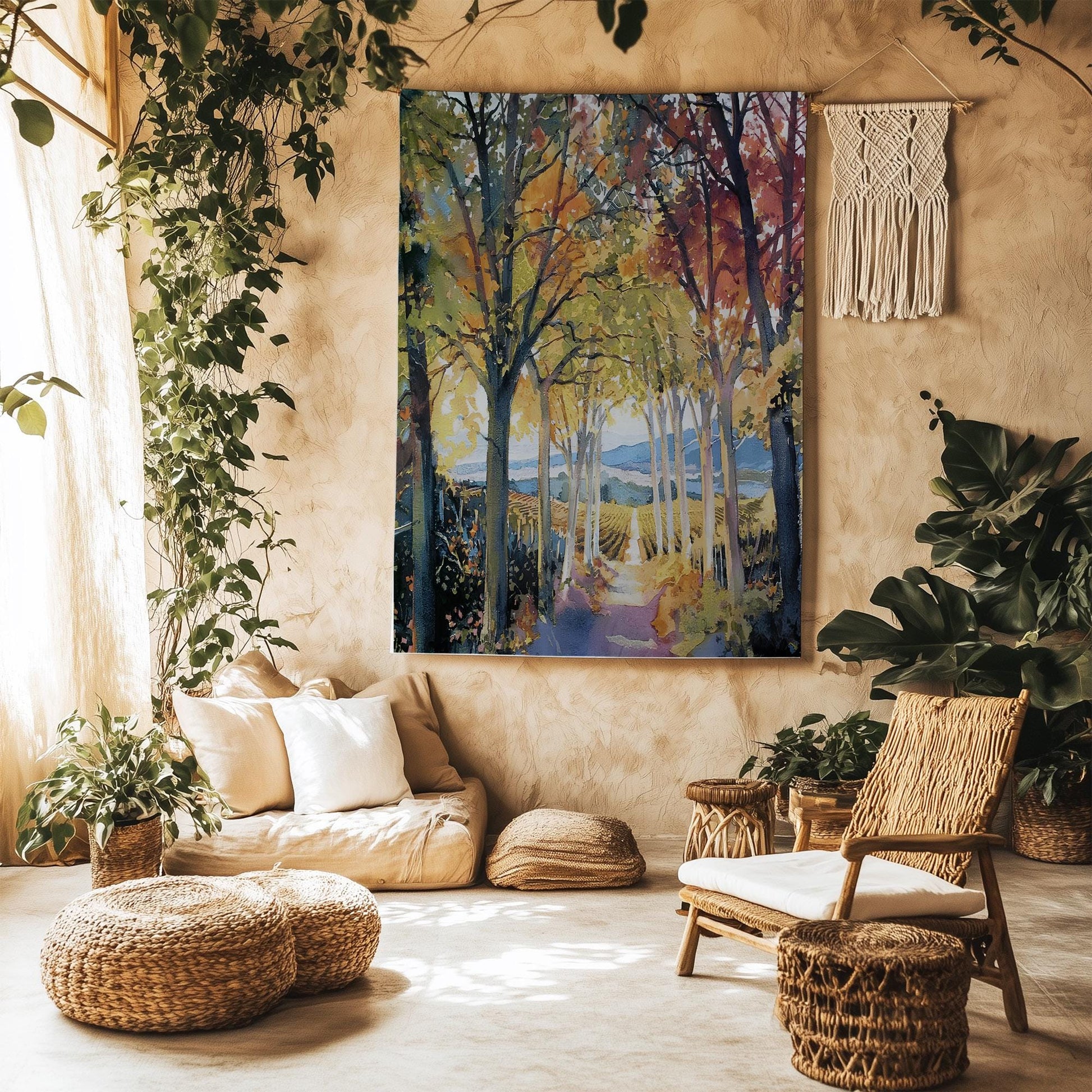 Autumn Forest Tapestry - Large Mountain Wall Hanging, Living Room Decor, Tree Landscape Scene, Nature Photo Wall Art
