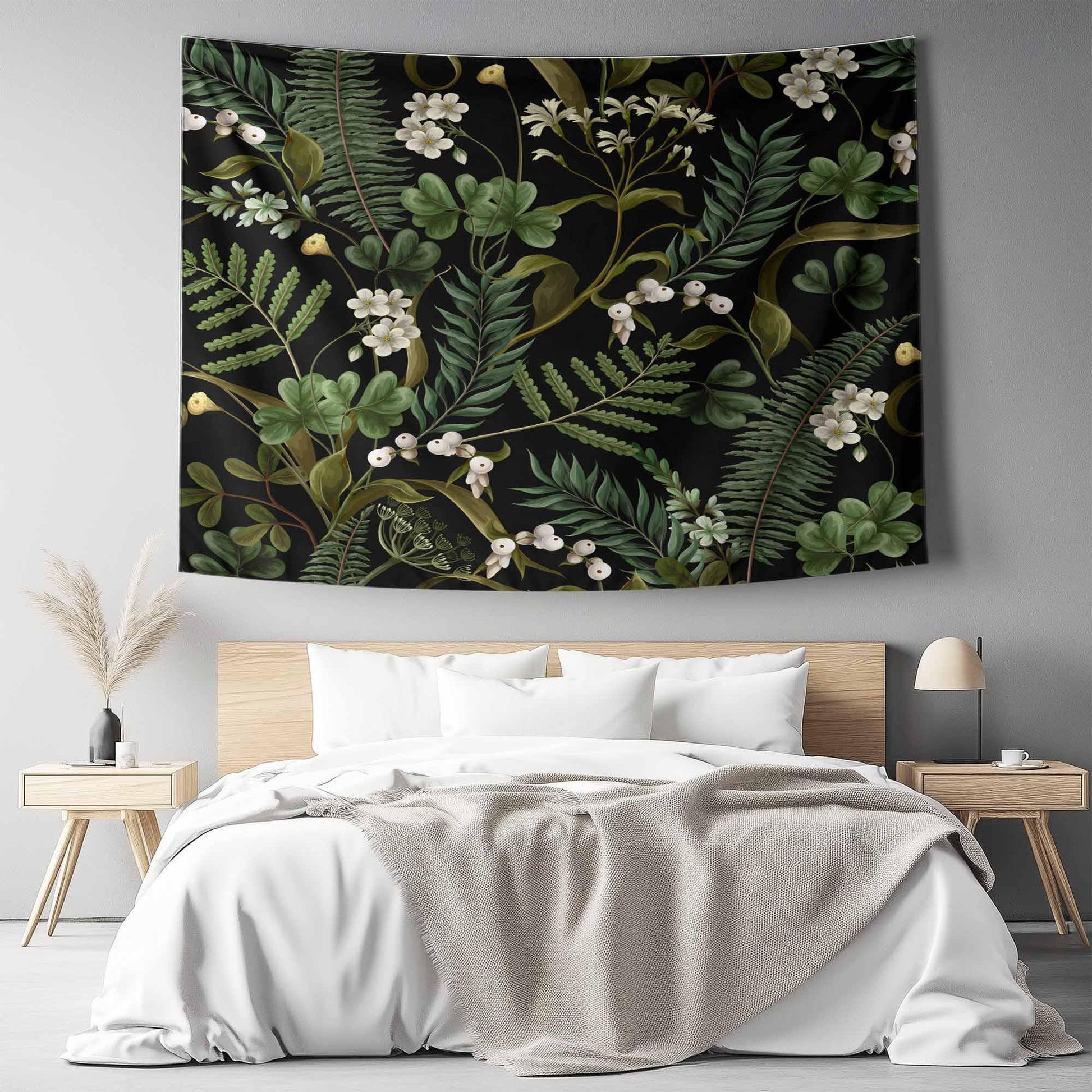 Green Botanical Tapestry Wall Hanging, Wild Flower Floral Home Decor, Cozy Fall Living Room Decor, Bedroom Nature Wall Accent