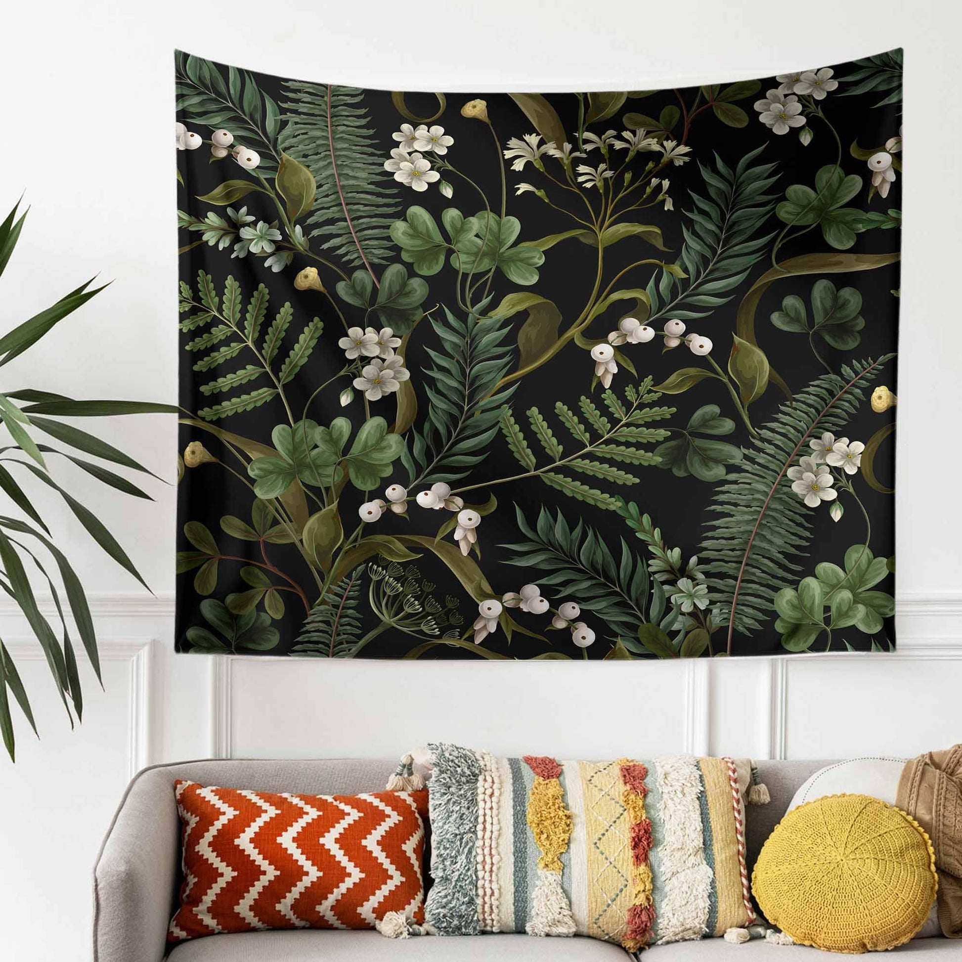 Green Botanical Tapestry Wall Hanging, Wild Flower Floral Home Decor, Cozy Fall Living Room Decor, Bedroom Nature Wall Accent