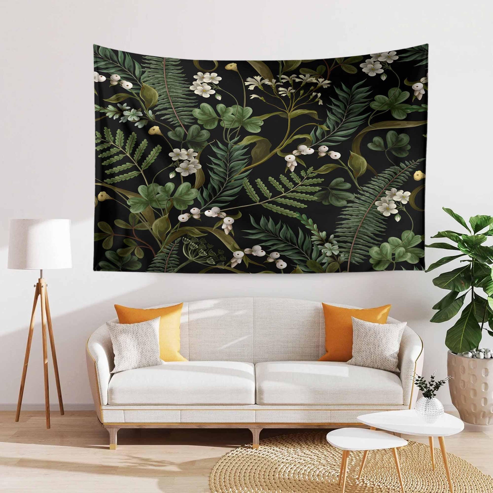 Green Botanical Tapestry Wall Hanging, Wild Flower Floral Home Decor, Cozy Fall Living Room Decor, Bedroom Nature Wall Accent