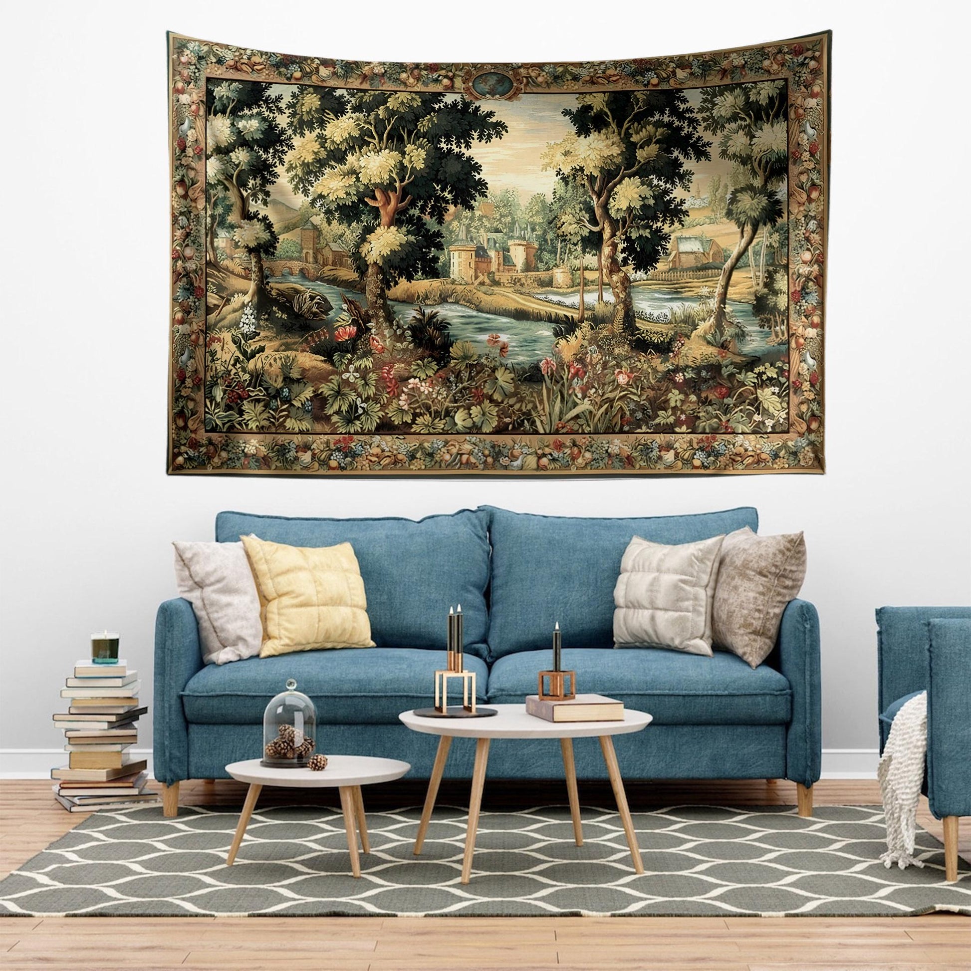 Medieval Tapestry Wall Hang French Garden Floral Verdure Tapestry French Country European Tapestry Dark Cottagecore Vintage antique fabric