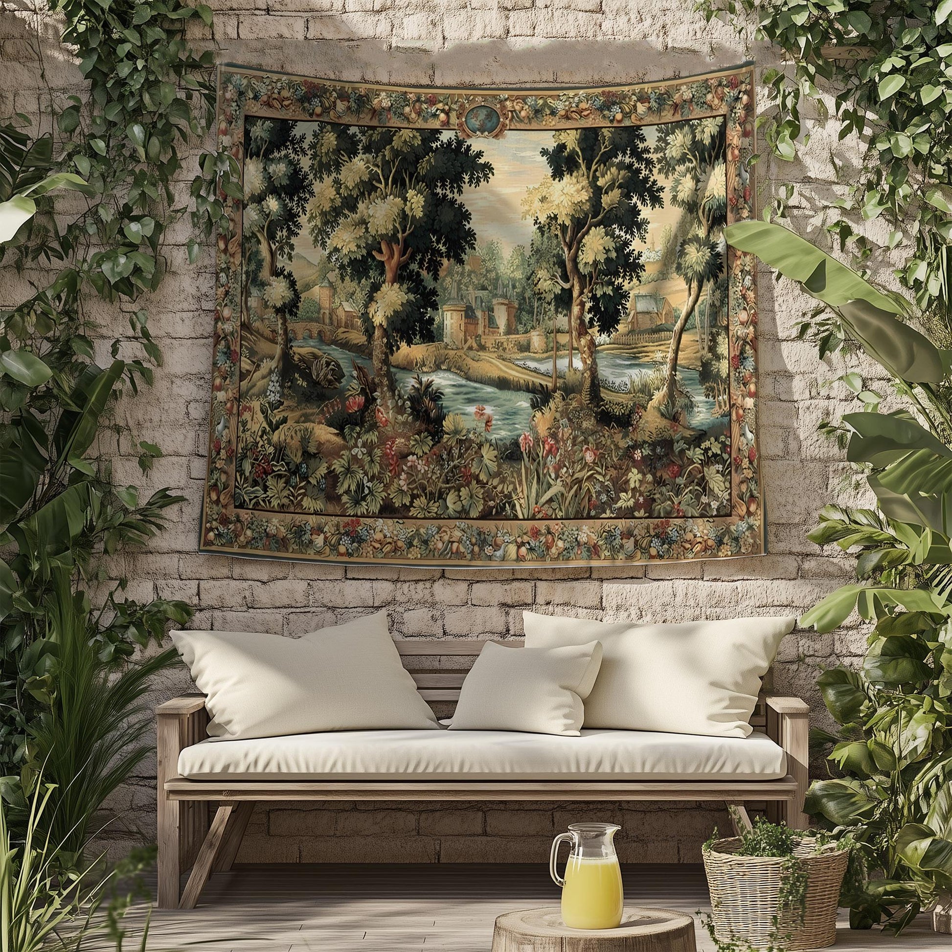 Medieval Tapestry Wall Hang French Garden Floral Verdure Tapestry French Country European Tapestry Dark Cottagecore Vintage antique fabric
