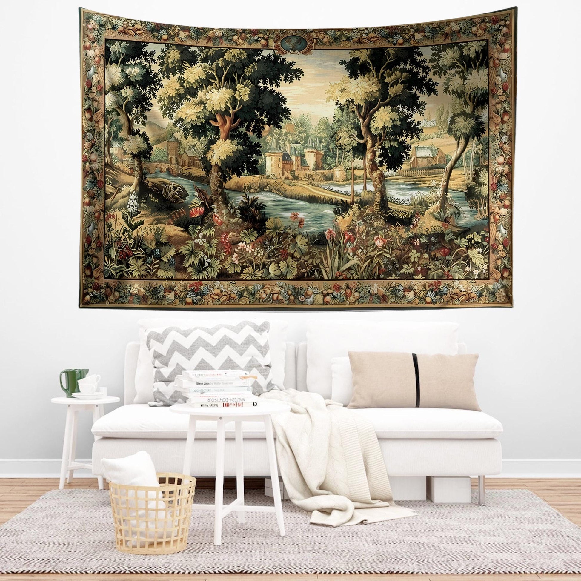 Medieval Tapestry Wall Hang French Garden Floral Verdure Tapestry French Country European Tapestry Dark Cottagecore Vintage antique fabric