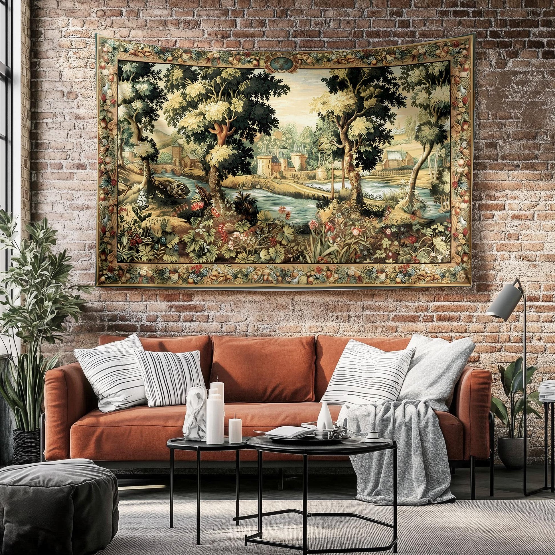 Medieval Tapestry Wall Hang French Garden Floral Verdure Tapestry French Country European Tapestry Dark Cottagecore Vintage antique fabric