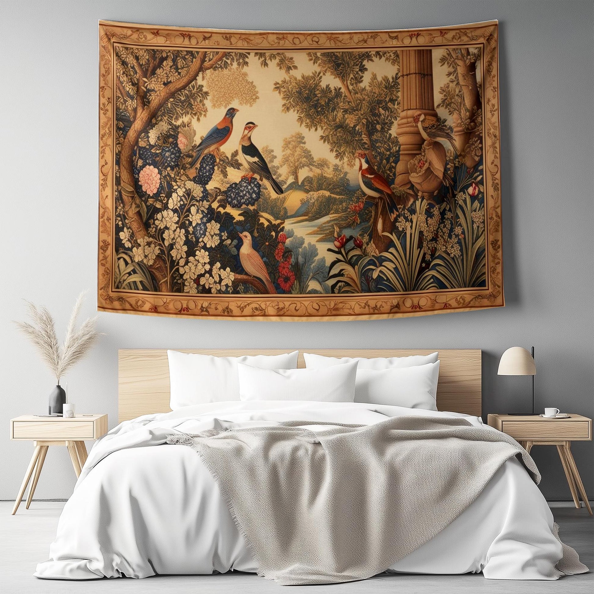 Medieval Tapestry Garden of Birds Wall Hanging Vintage French Garden Floral Woven Antique Tapestry French Country Decor European Tapestry