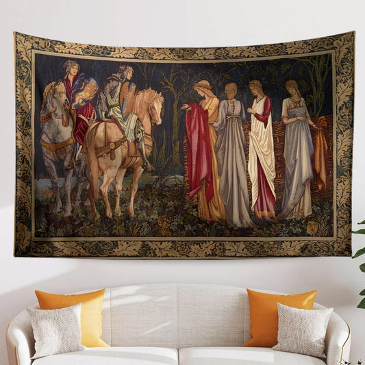 Medieval French Tapestry Wall Art - Departure of the Knights of Camelot, 15th Century Antique Decor, Historical Medieval Art Textile