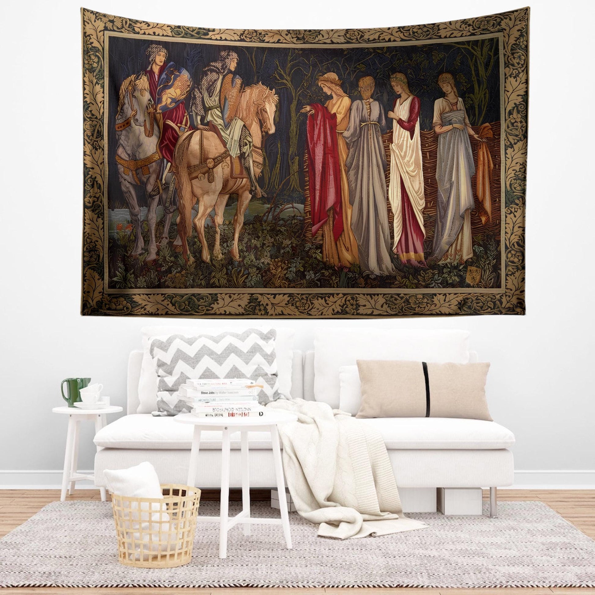 Medieval French Tapestry Wall Art - Departure of the Knights of Camelot, 15th Century Antique Decor, Historical Medieval Art Textile